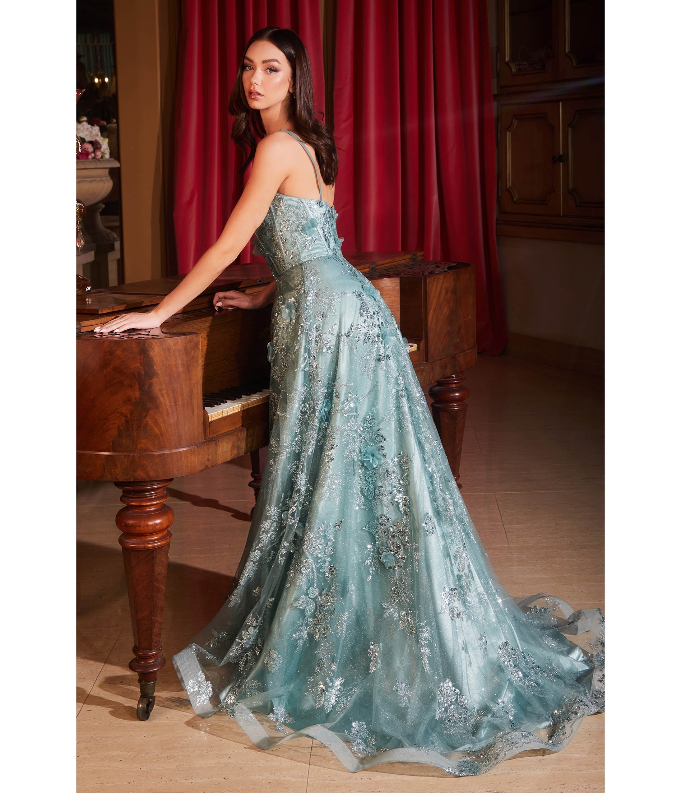 Cinderella Divine Sage Flower Sparkle Prom Gown - Elegant Long Formal Evening Dress for Homecoming, Ball, Quinceañera & Special Occasions