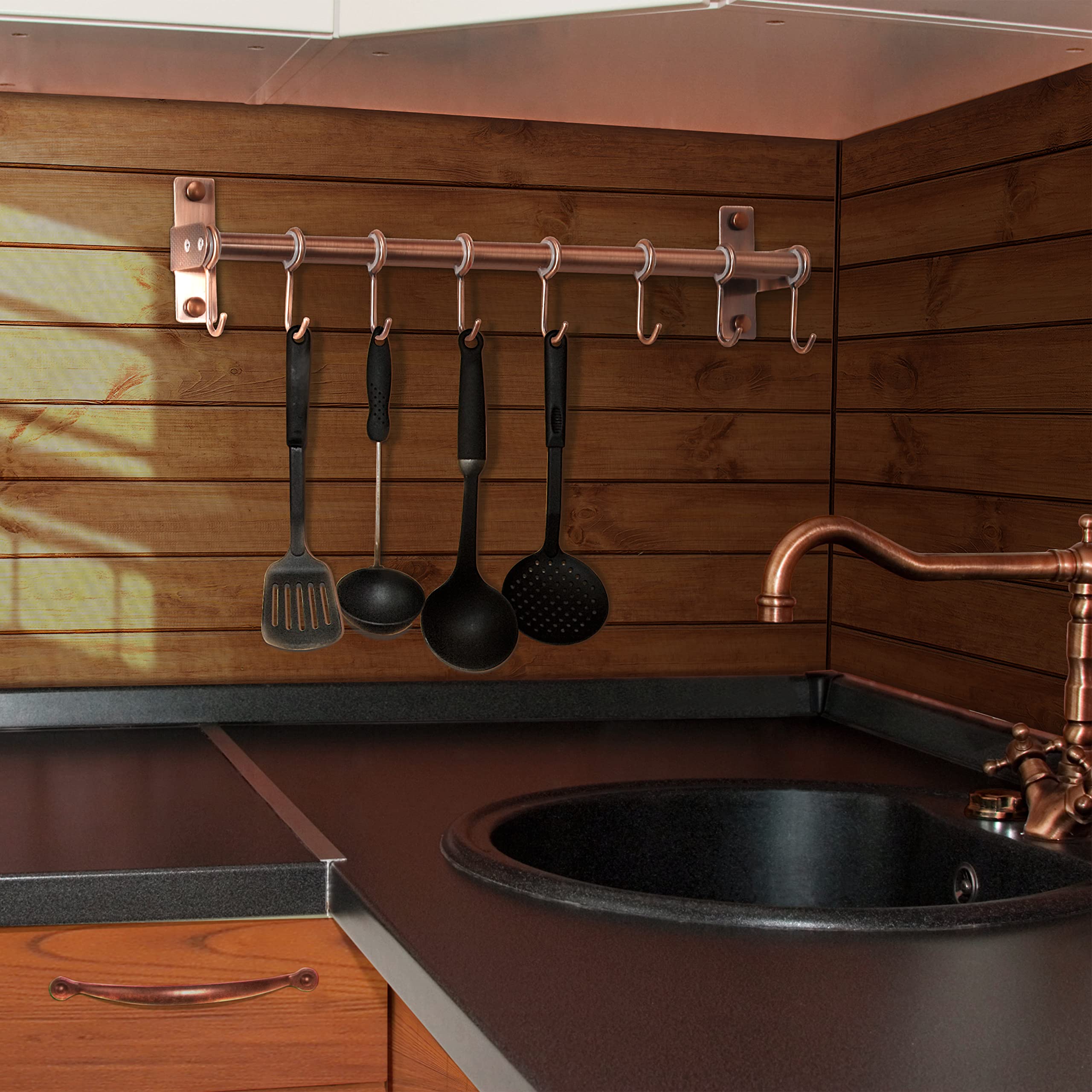 Dseap 8-Hook Wall Mounted Kitchen Rail Organizer - Double Bar Hanging Rack for Pots, Pans & Plants - Antique Copper (2-Pack) - Perfect for Small Kitchen Space Saving & Utensil Organization