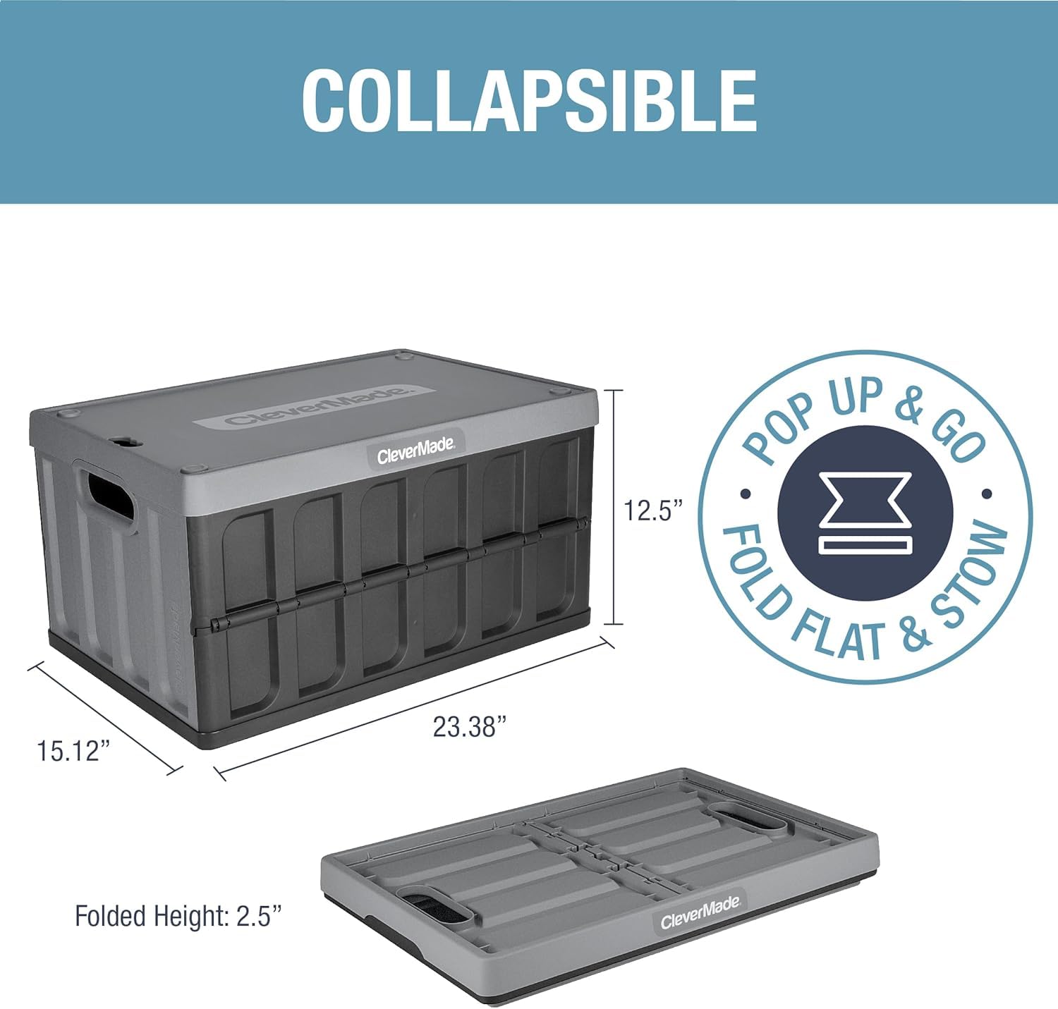 CleverMade Collapsible Storage Bins with Lids - 3 Pack 62L Stackable Plastic Containers for Home Organization | Space-Saving Closet & Garage Storage Bins | Durable Collapsible Crates for Toys, Clothes & Seasonal Items