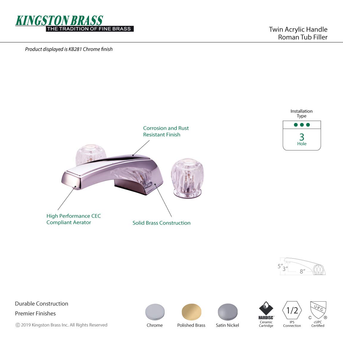Kingston Brass KB288 8-Inch Adjustable Center Roman Tub Faucet in Brushed Nickel - Perfect for Bathroom Renovation & Luxury Bathtub Installation