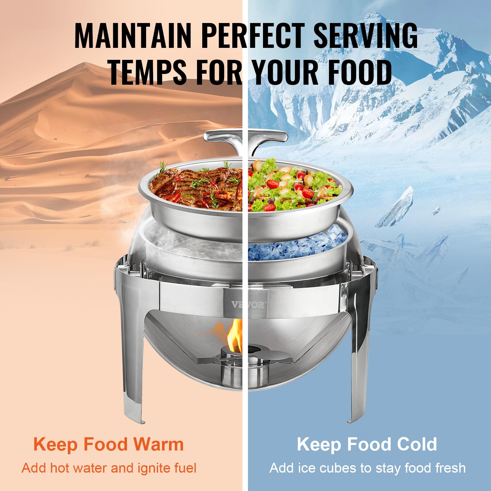 VEVOR 6 Qt Stainless Steel Roll Top Chafing Dish Buffet Set (2 Pack) - Includes 2 Full Size Pans, Lids, Water Pan Stand & Fuel Holder - Perfect for Catering, Buffets, Parties & Serving 5+ People
