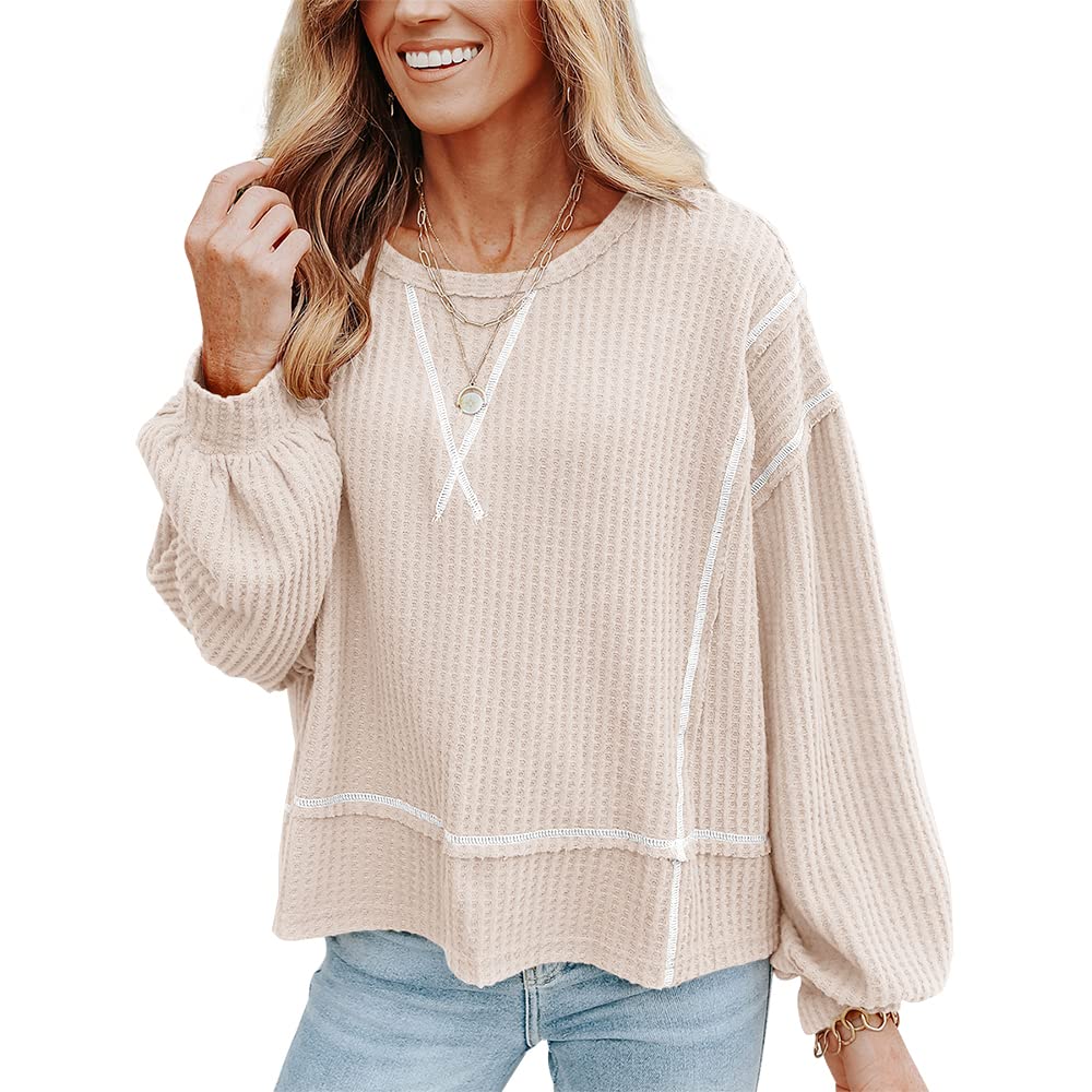FSHAOES Women's Waffle Knit Tunic Top - Crew Neck Puff Sleeve Pullover Blouse for Casual Wear | Office, Weekend & Fall Outfits