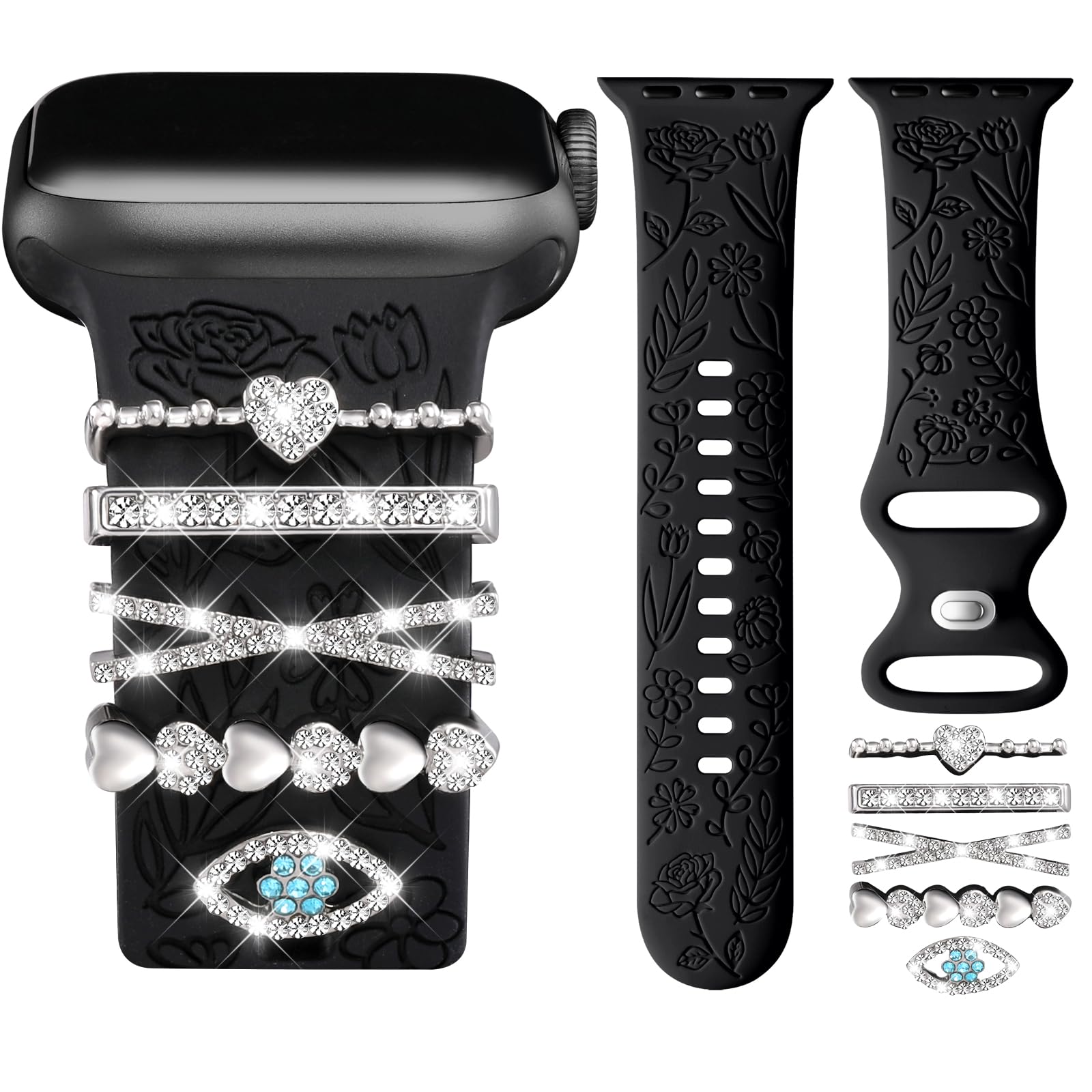 DaQin Floral Engraved Silicone Band Compatible with Apple Watch 38mm/40mm/41mm/42mm/44mm/45mm - Stylish Replacement Strap for Women's iWatch Series SE/1/2/3/4/5/6/7/8/9 - Perfect for Workouts, Office & Everyday Fashion Accessory