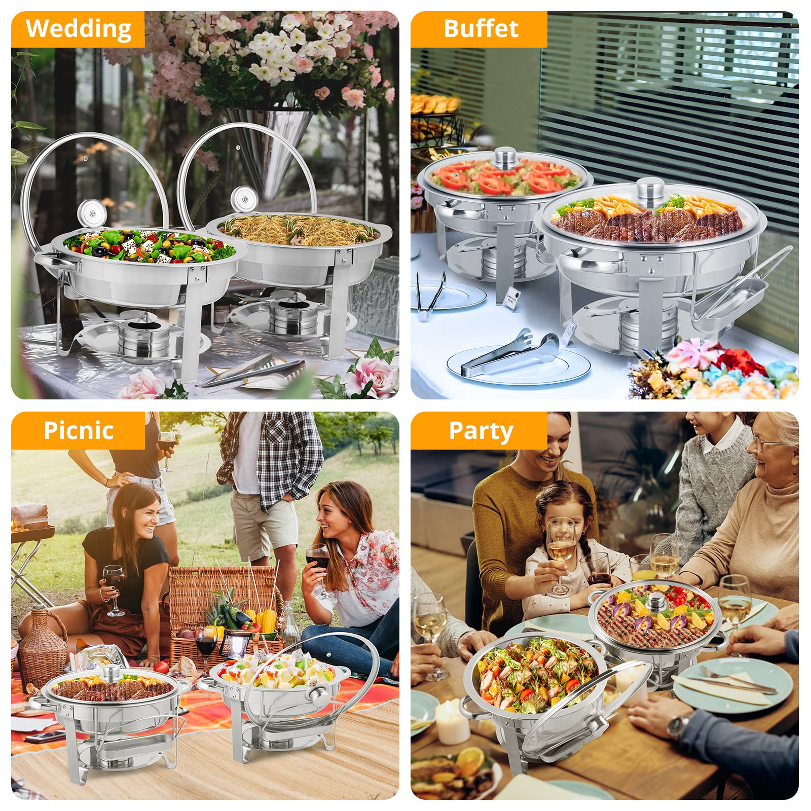 ROVSUN 5Qt 4-Pack Stainless Steel Chafing Dish Buffet Set - NSF Certified Round Food Warmers for Catering, Weddings & Banquets - Includes Glass Lids & Holder with Sturdy Stand Frame - Perfect for Buffet Serving, Party Events & Food Warming Stations