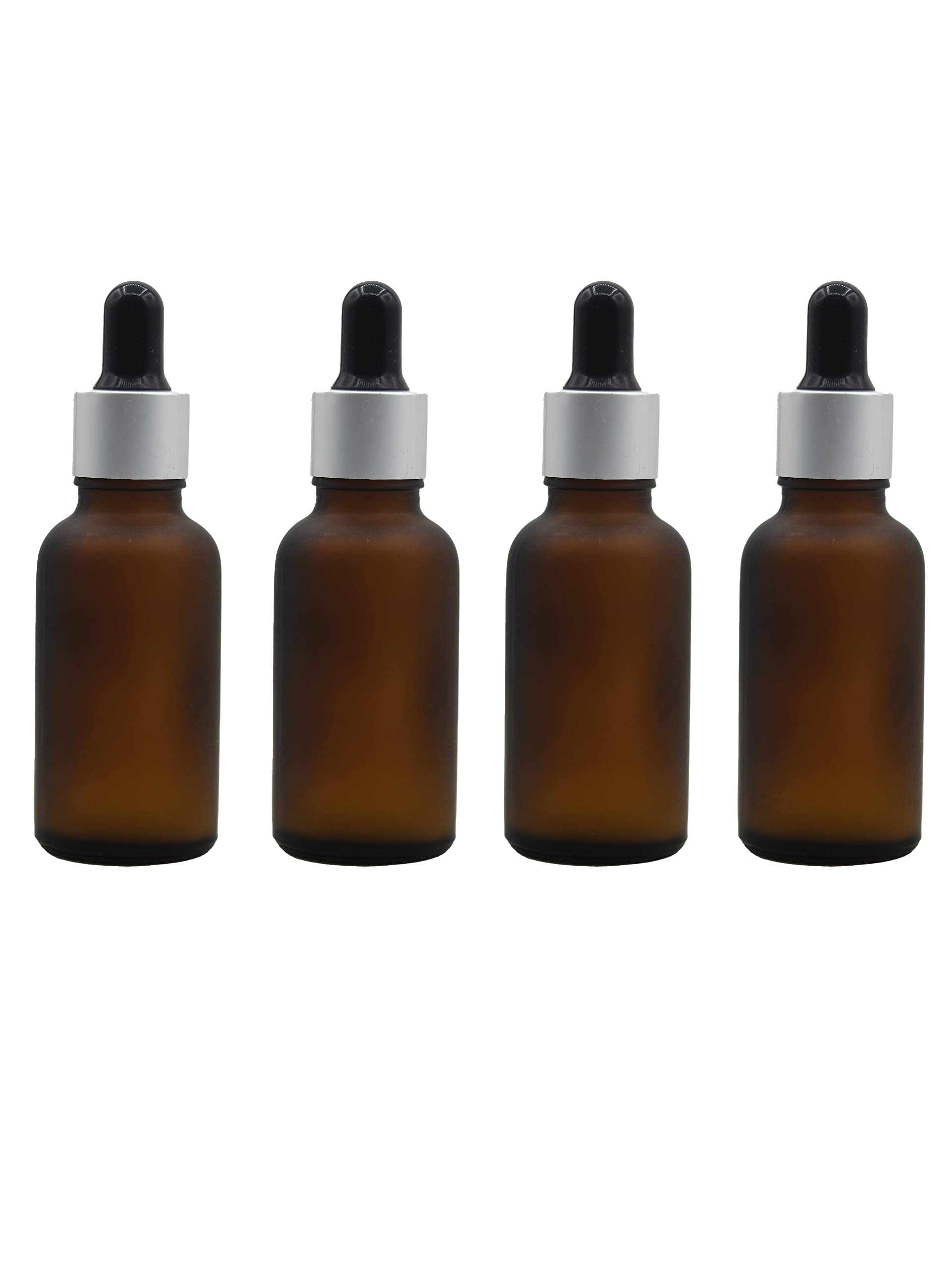PHARCOS 30ml Amber Frosted Glass Dropper Bottle Set - Matte Silver Ring, Glass Tube, Black Silicone Teat & Wiper Plug - Perfect for Premium Perfumes, Essential Oils & Medicines (Pack of 4) | Ideal for DIY Beauty, Aromatherapy & Natural Remedies