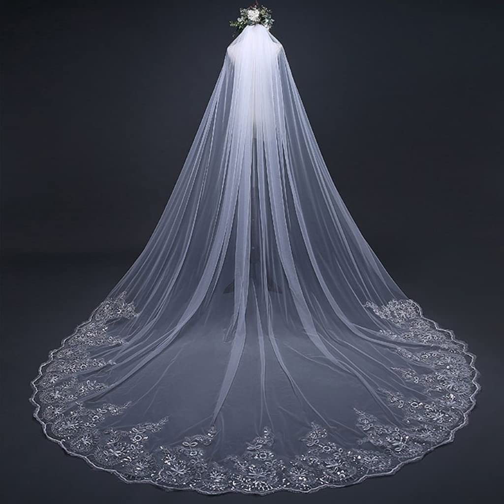 One-Layer Cathedral Wedding Veil for Women - Embroidered Floral Lace Applique with Scalloped Trim & Comb (White, 400cm) | Perfect for Bridal Ceremonies, Vow Renewals & Formal Weddings