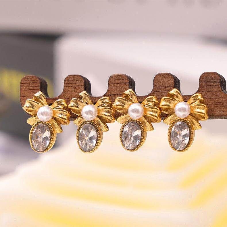 Antique Pearl Bow French Style Stud Earrings for Women - Vintage Gold Plated Jewelry Gift - F1472 | Perfect for Weddings, Parties & Special Occasions