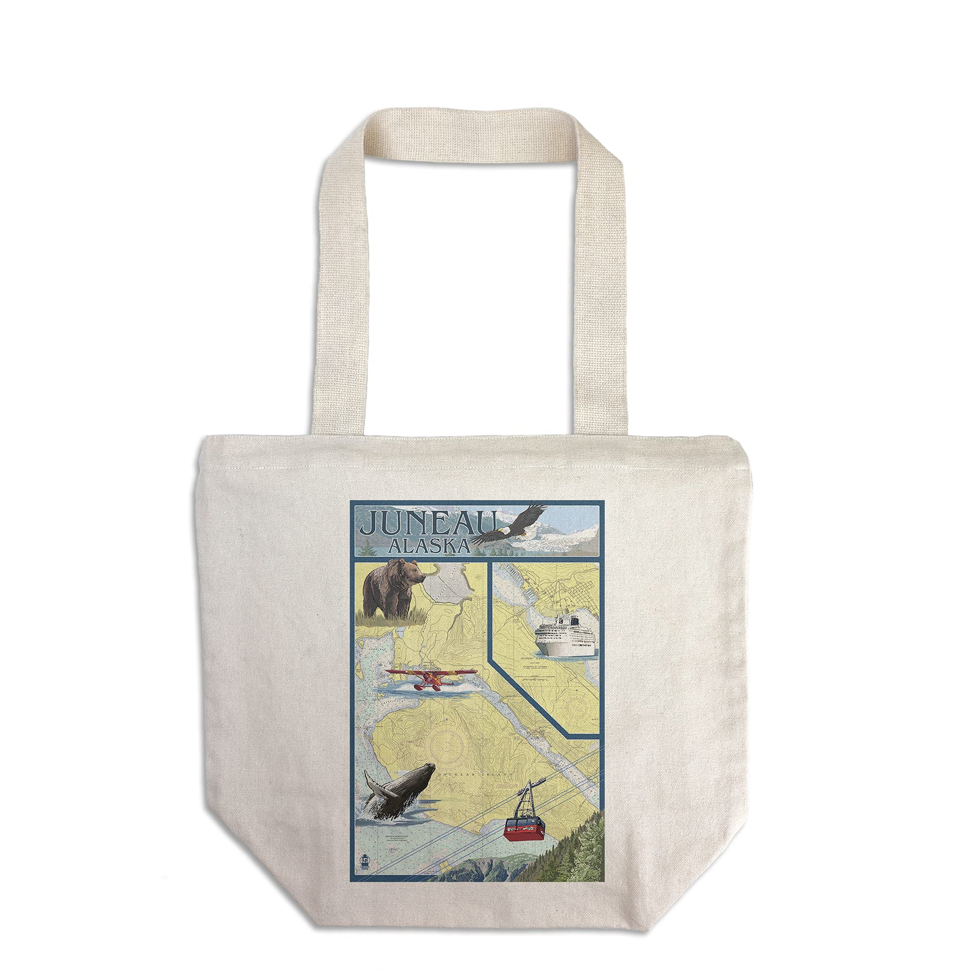 Lantern Press Juneau Alaska Nautical Chart Tote Bag - 100% Cotton Canvas Reusable Shopping Bag for Groceries, Beach & Travel