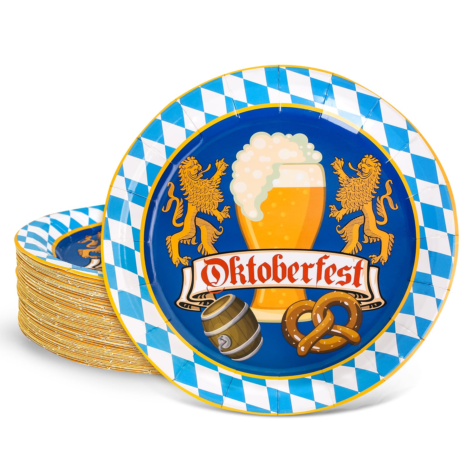 40Pcs Oktoberfest Themed Disposable Paper Plates - 9 Inch German Beer Festival Dinnerware with Bavarian Blue White Argyle & Lion Prints - Perfect for Munich Oktoberfest Parties, BBQs, and Themed Events