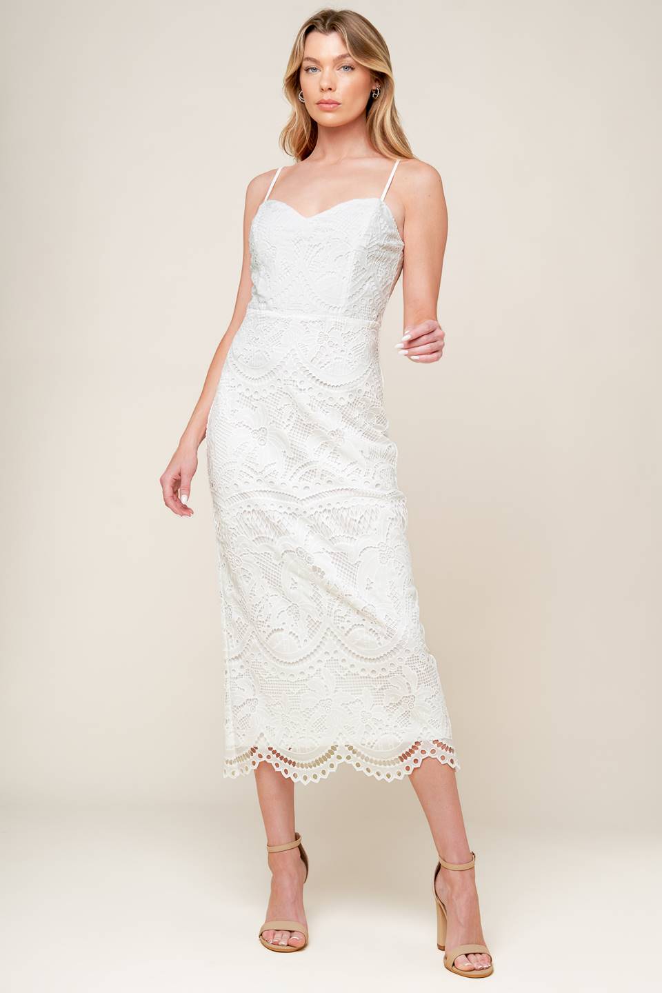 Josephine Lace Midi Dress in Off White - Elegant Floral Lace Formal Dress for Weddings, Parties & Special Occasions