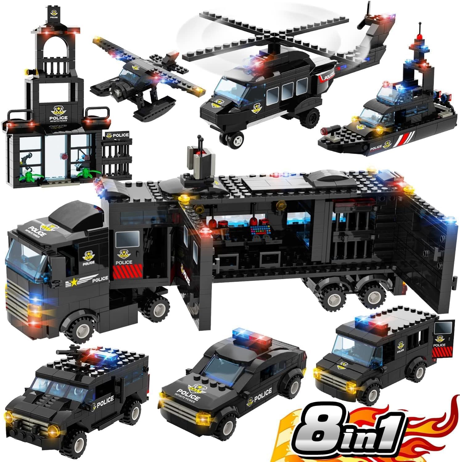 WishaLife 8-in-1 City Police SWAT Mobile Command Center Truck Toy Building Set with Police Station, Car, Helicopter & Boat - STEM Educational Construction Play Set for Kids Boys Girls Ages 6+ - Perfect for Role Play, Birthday Gifts & Creative Building Fun