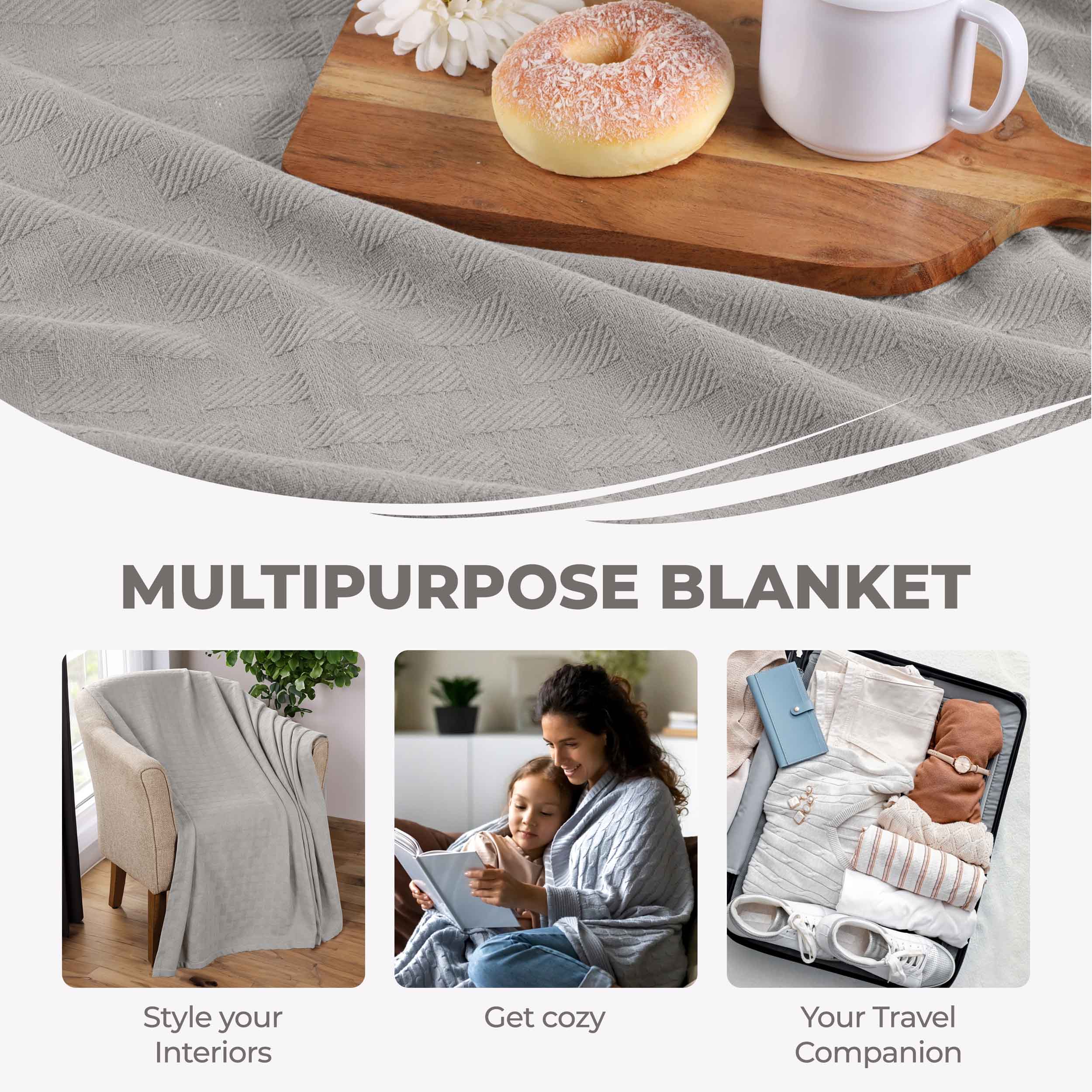Soft Basketweave All-Season Cotton Bed Blanket & Sofa Throw - Lightweight Breathable Blanket for Bedroom, Living Room, Travel and Outdoor Use
