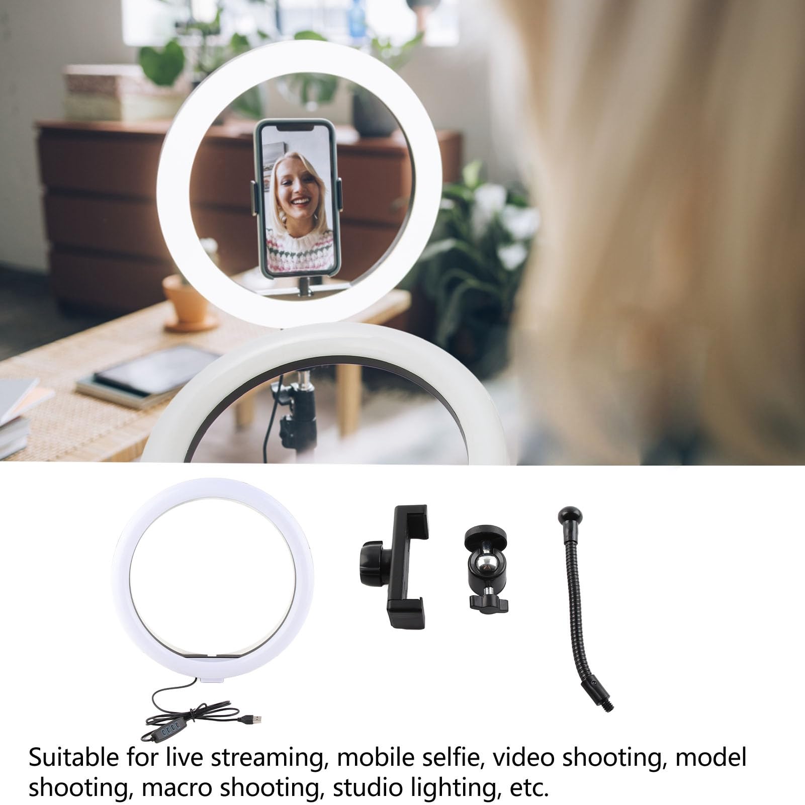 10W Portable LED Ring Light with Phone Holder - Adjustable Brightness 3000-600K for Selfies & Video Calls