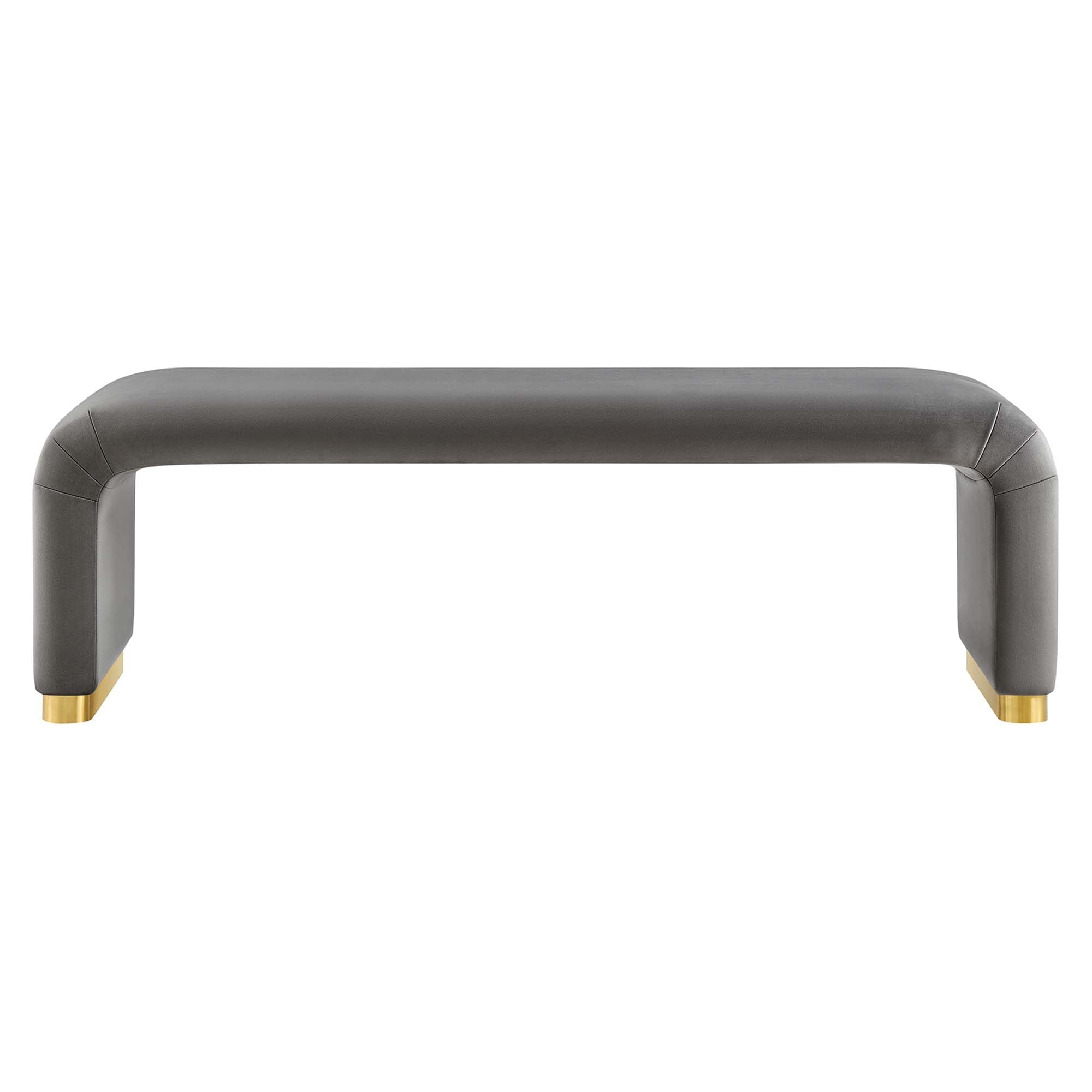 Modway EEI-6734-BRA-STG Koda Performance Velvet Waterfall Long Bench in Brass Storm Gray - Luxurious Velvet Upholstered Entryway & Bedroom Bench for Modern Home Decor