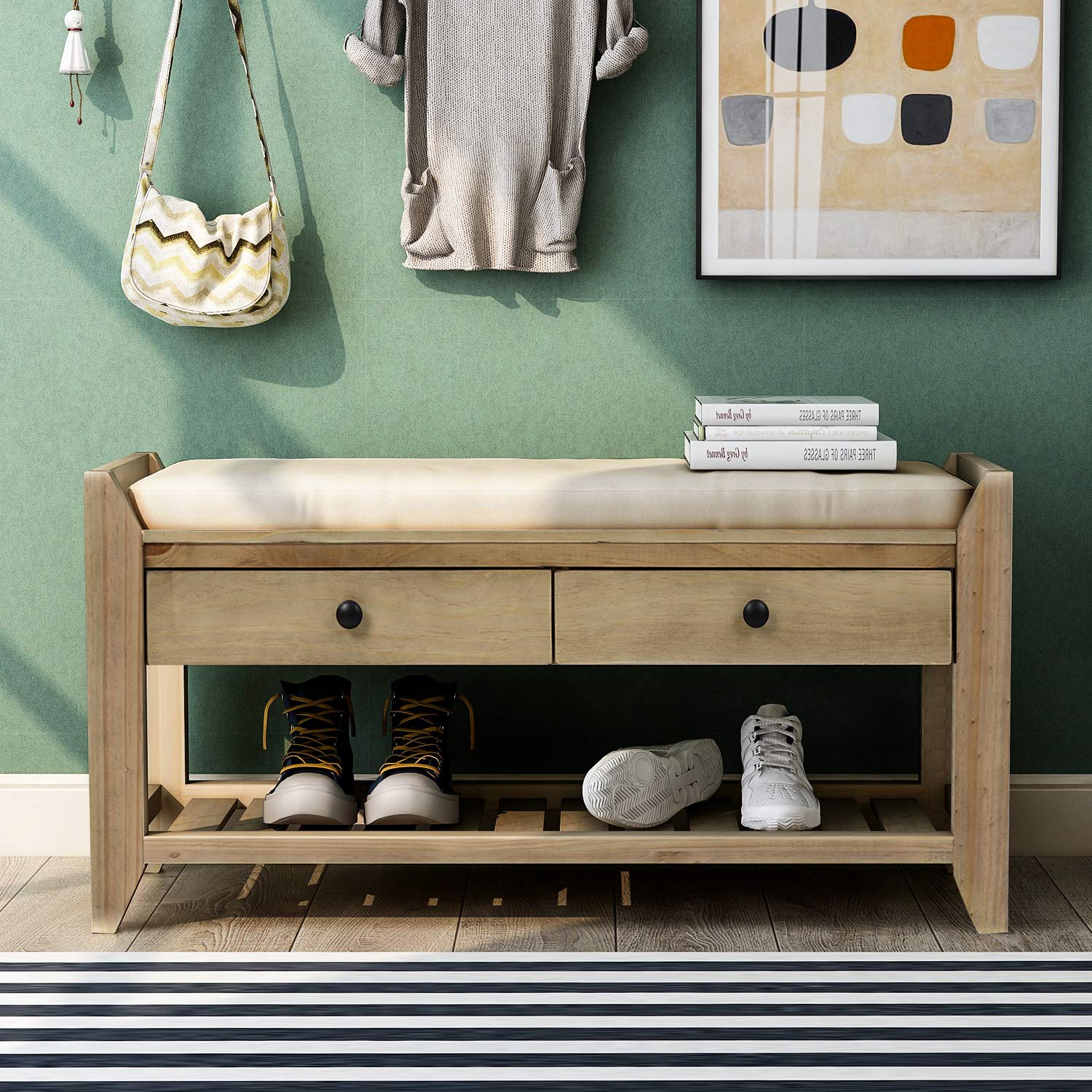 Gray Wash Shoe Bench with Cushion & Drawers - Entryway Storage for Hallway & Living Room