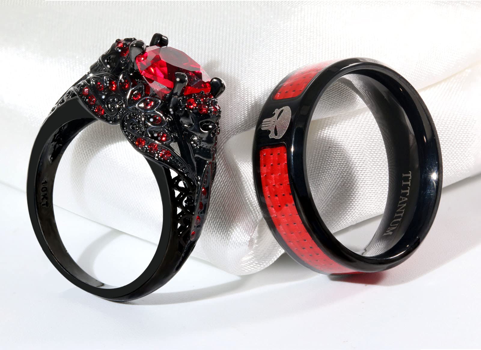 His and Hers Skull Couple Rings - Gothic Skeleton Black Titanium Steel Wedding Bands with Red CZ Heart for Men & Women | Punk Jewelry for Weddings, Anniversaries, Valentine's Day & Alternative Fashion