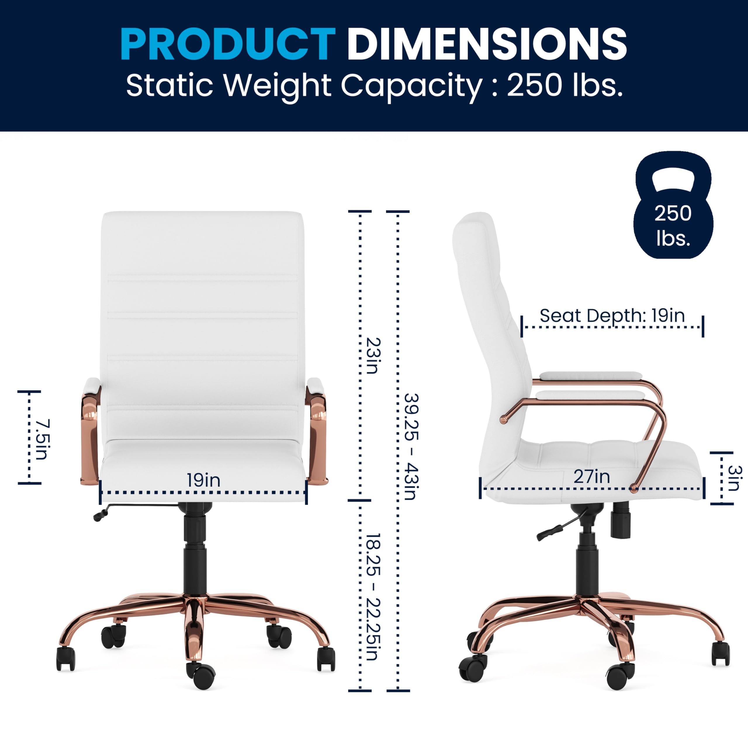 Premium White LeatherSoft High Back Executive Office Chair with Rose Gold Frame - Ergonomic Swivel Arm Chair for Home & Office Workspaces