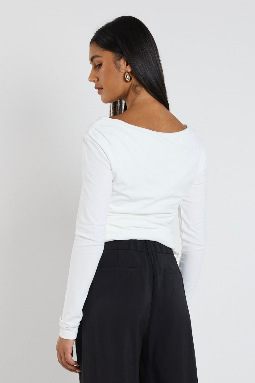 Elegant Ivory Ribbed Asymmetric Neck Top for Women - Perfect for Date Nights, Parties & Special Occasions