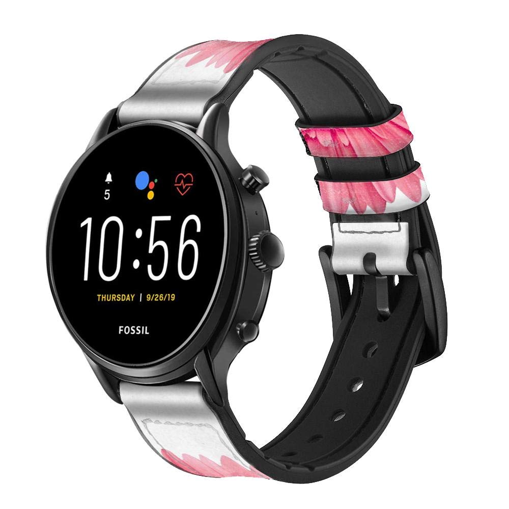 Vintage Pink Gerbera Daisy Leather & Silicone Smartwatch Band for Fossil Gen 5E/5/4 Sport, Hybrid HR Neutra, Collider - 22mm Replacement Strap - Perfect for Workouts, Office & Casual Wear