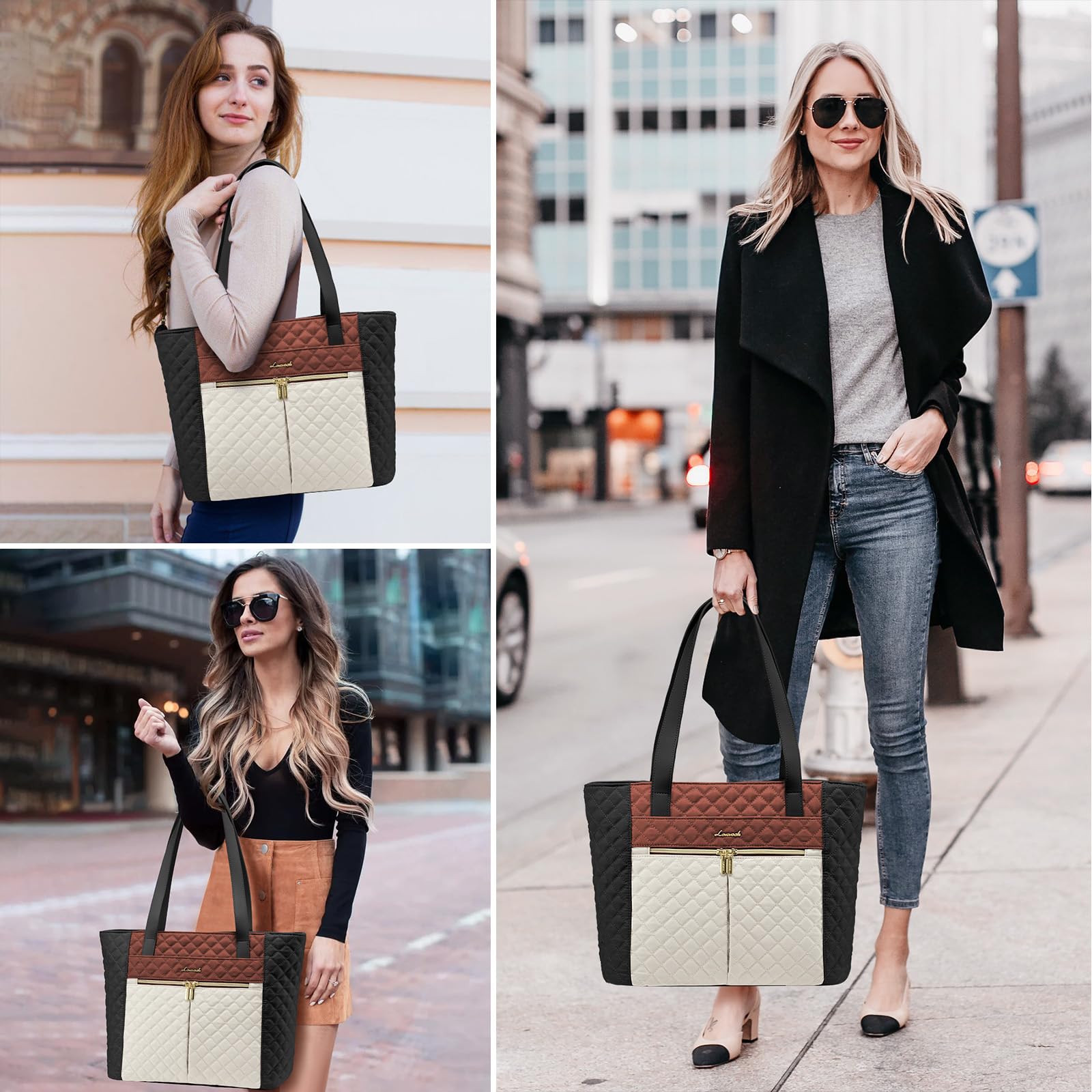 LOVEVOOK 15.6 Inch Diamond Quilted Laptop Bag for Women - Stylish Work Tote, Travel Shoulder Bag & Briefcase with Clutch Purse (Brown/Black/White) | Perfect for Office, Business Travel & Daily Commute