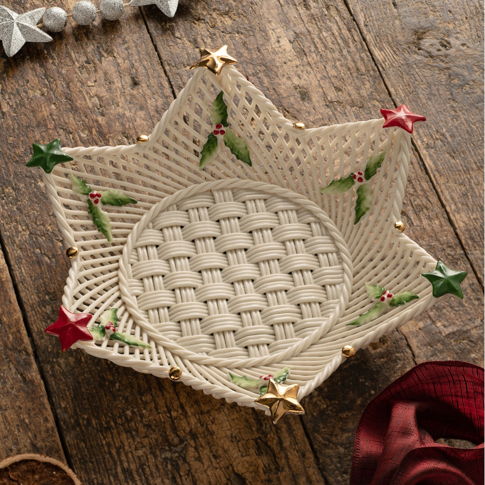 Belleek Classic Star Basket - Handcrafted Porcelain Gift Basket for Home Decor, Wedding, Anniversary & Special Occasions