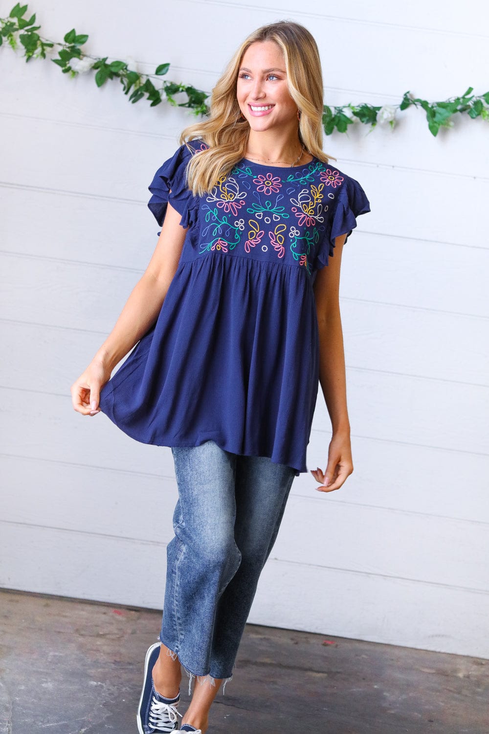 Navy Blue Floral Embroidered Flutter Sleeve Blouse for Women - Elegant Boho Chic Tunic Top for Casual Wear, Date Night & Summer Outfits
