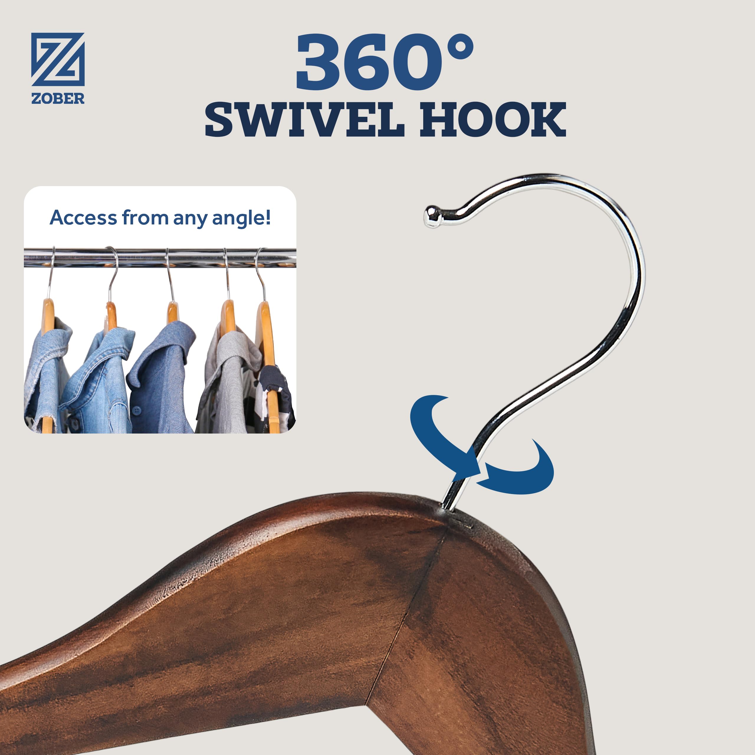 ZOBER 30 Pack Heavy Duty Non-Slip Wooden Clothes Hangers for Coats, Jackets, Suits & Pants - Sturdy Closet Hangers with Bar & Notches - Perfect for Wardrobe Organization & Space Saving