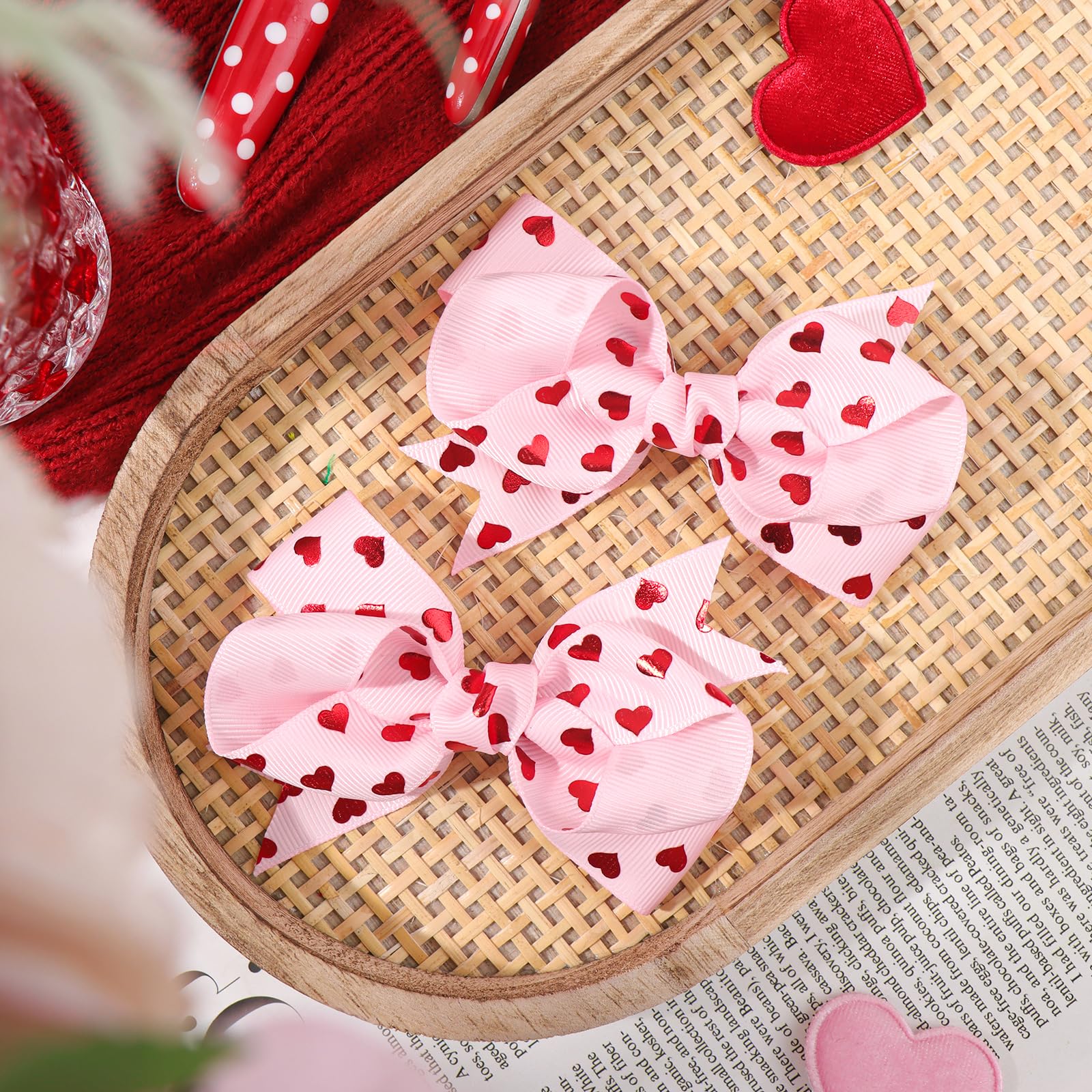YanJie Heart Hair Bow Clips - Cute Red & Pink Bowknot Barrettes with Love Print for Toddlers & Kids | Perfect for Parties, School, and Daily Hair Accessories