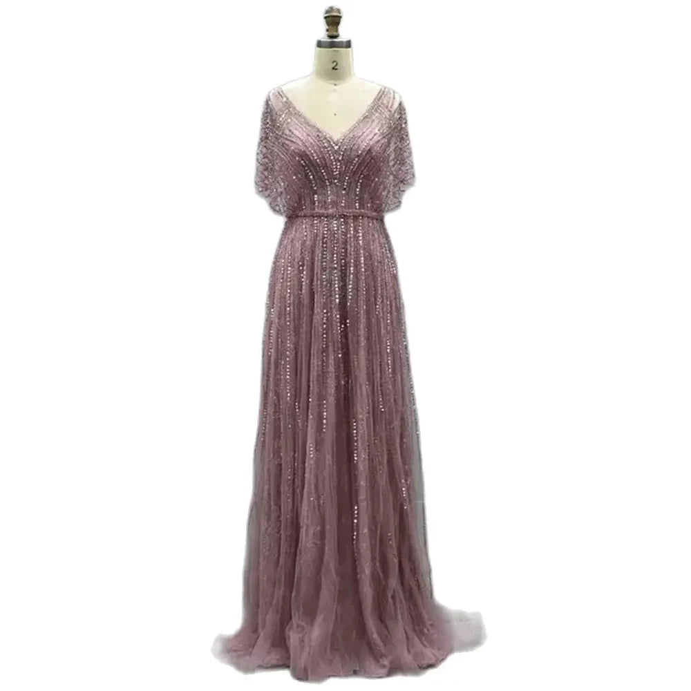 Luxury Dubai Red A-Line Evening Dress with Beading & Crystal Details - Sexy Formal Gown for Women 2025 - Half Sleeves Elegant Party Dress - Perfect for Prom, Gala, Wedding & Special Occasions