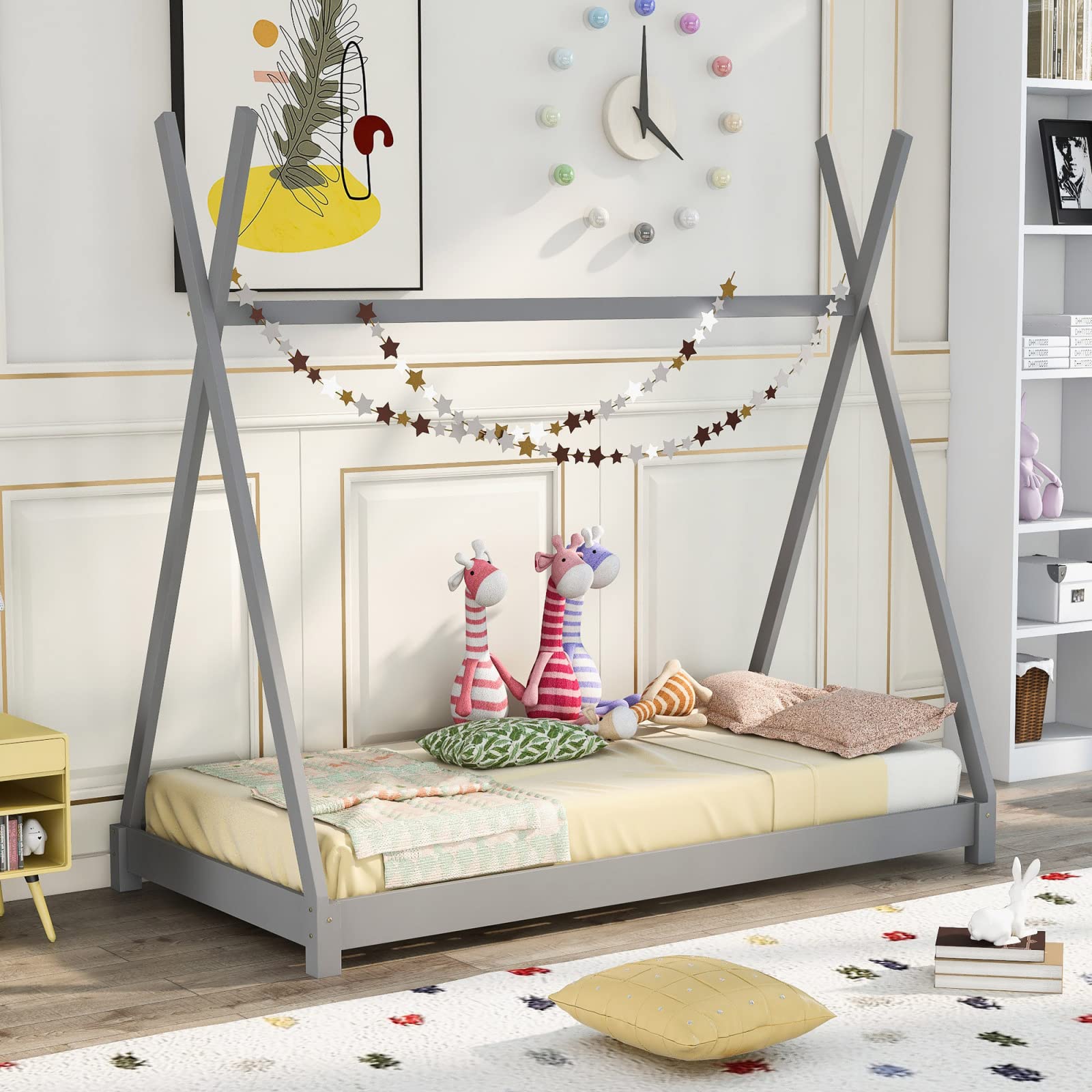 Rubyurphy Twin Size House Bed with Triangle Structure - Solid Wood Platform Bed Frame for Kids Room, Gray | Durable & Stylish Bedroom Furniture for Girls | Perfect for Playrooms, Sleepovers & Cozy Bedtime