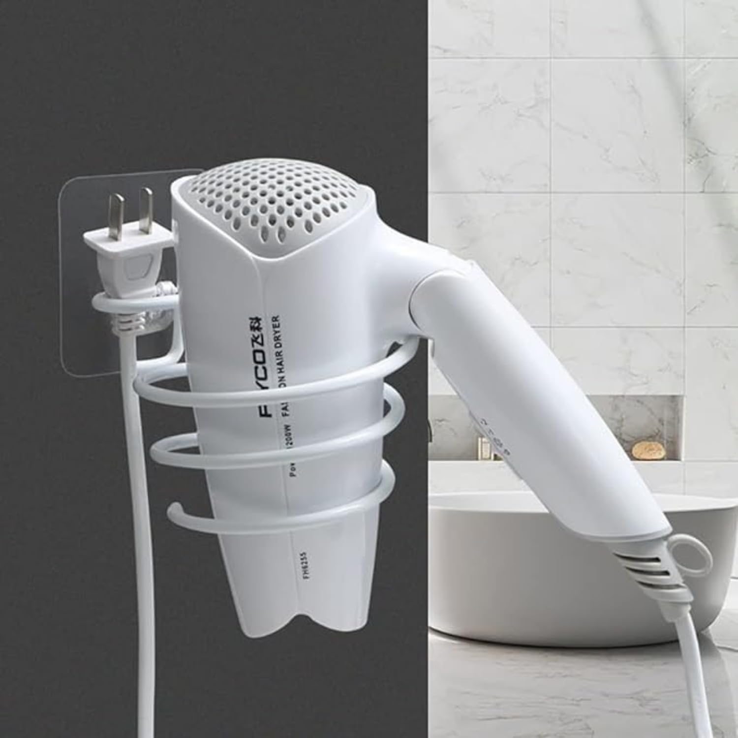 HomeAra 1-Pack White Metal Wall-Mounted Hair Dryer Holder with Hook - Bathroom Organizer for Hairdryer, Straightener & Accessories - Space Saving Suction Cup Design for Small Bathrooms & Dorms