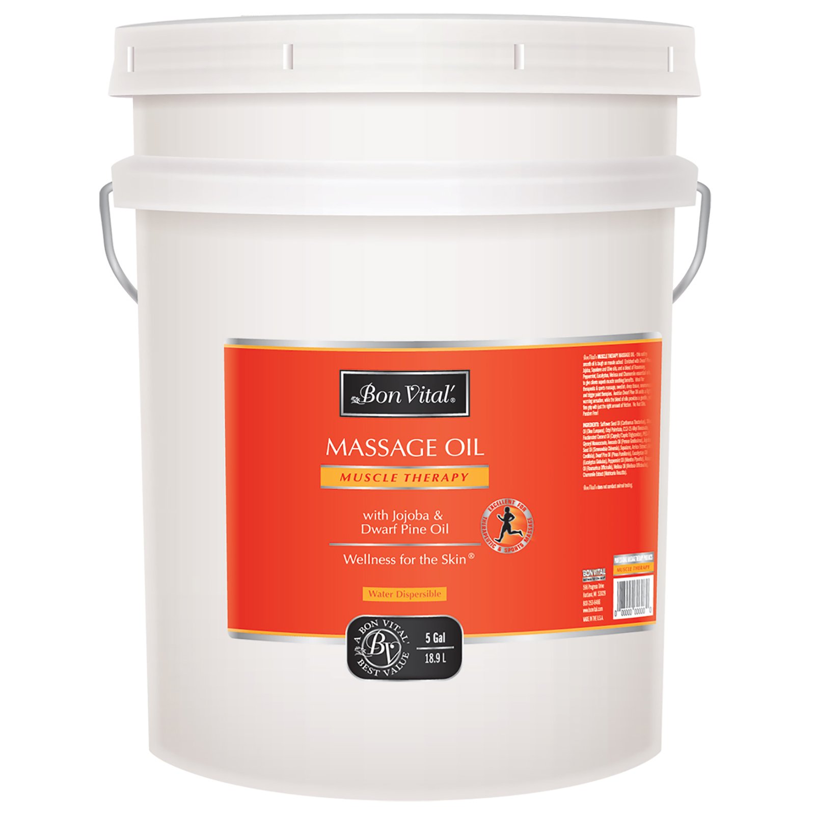 Bon Vital' Therapeutic Massage Oil with Dwarf Pine & Essential Oils - Soothes Muscles & Relieves Soreness - Compatible with IASTM & Graston Techniques - 5 Gallon Pail - Perfect for Professional Massage Therapy, Sports Recovery & Home Relaxation