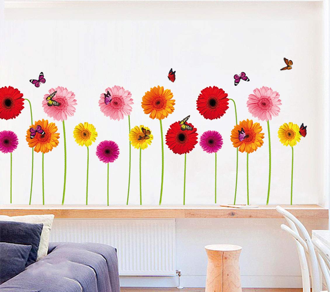 DNVEN Summer Sunflower Wall Decals with Butterflies - Colorful Removable Waterproof Flower Stickers for Kids Room, Nursery, TV Background (28x10 inches) - Perfect for Home Decor, Bedroom, Living Room & Party Wall Art