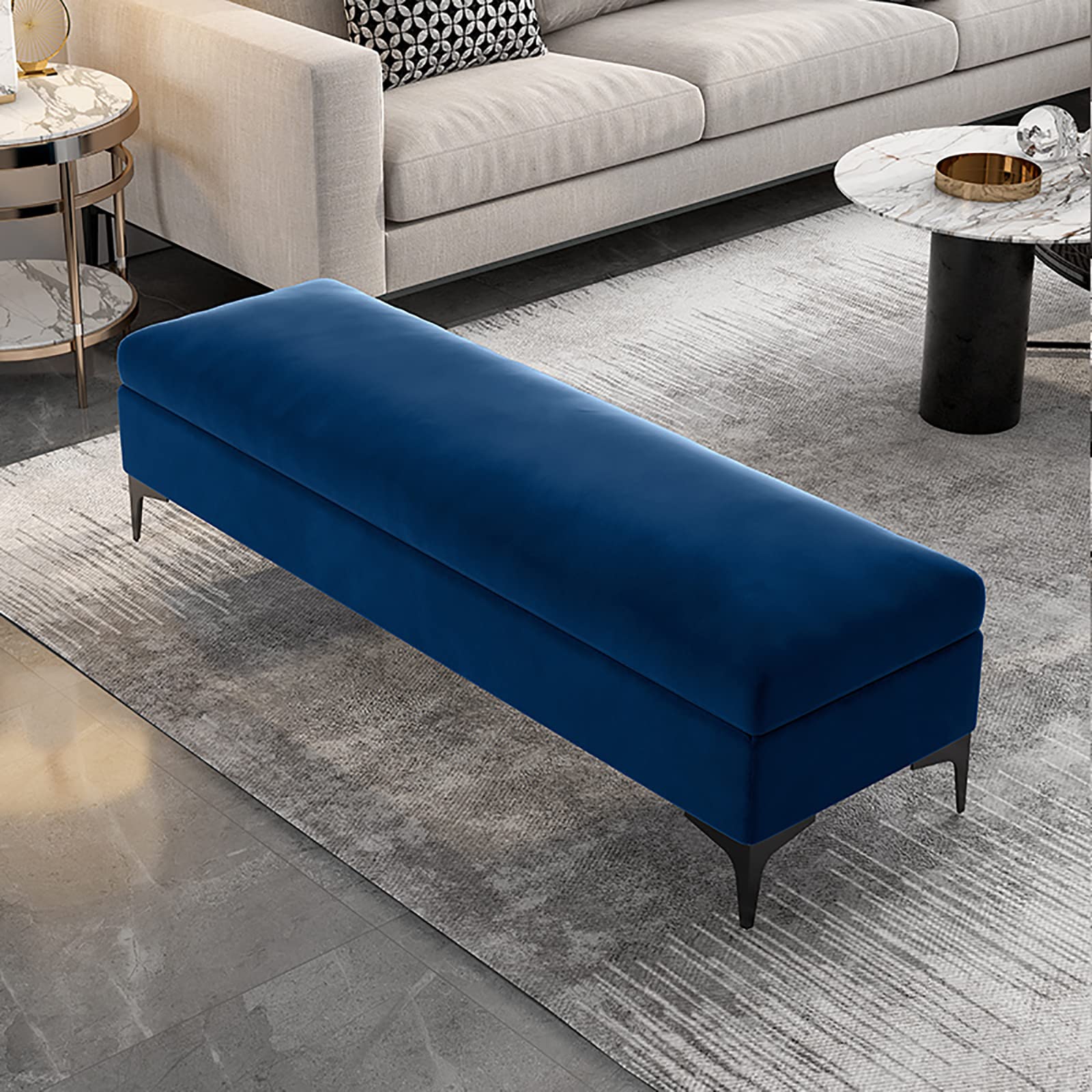 Luxury Velvet Storage Bench - Rectangular Upholstered Ottoman Footrest Stool for Bedroom, Living Room, Hallway & Entryway - Navy Blue Shoe Bench (60x40x43cm/24x16x17in) - Perfect for Bed End, Closet Organization & Small Space Decor