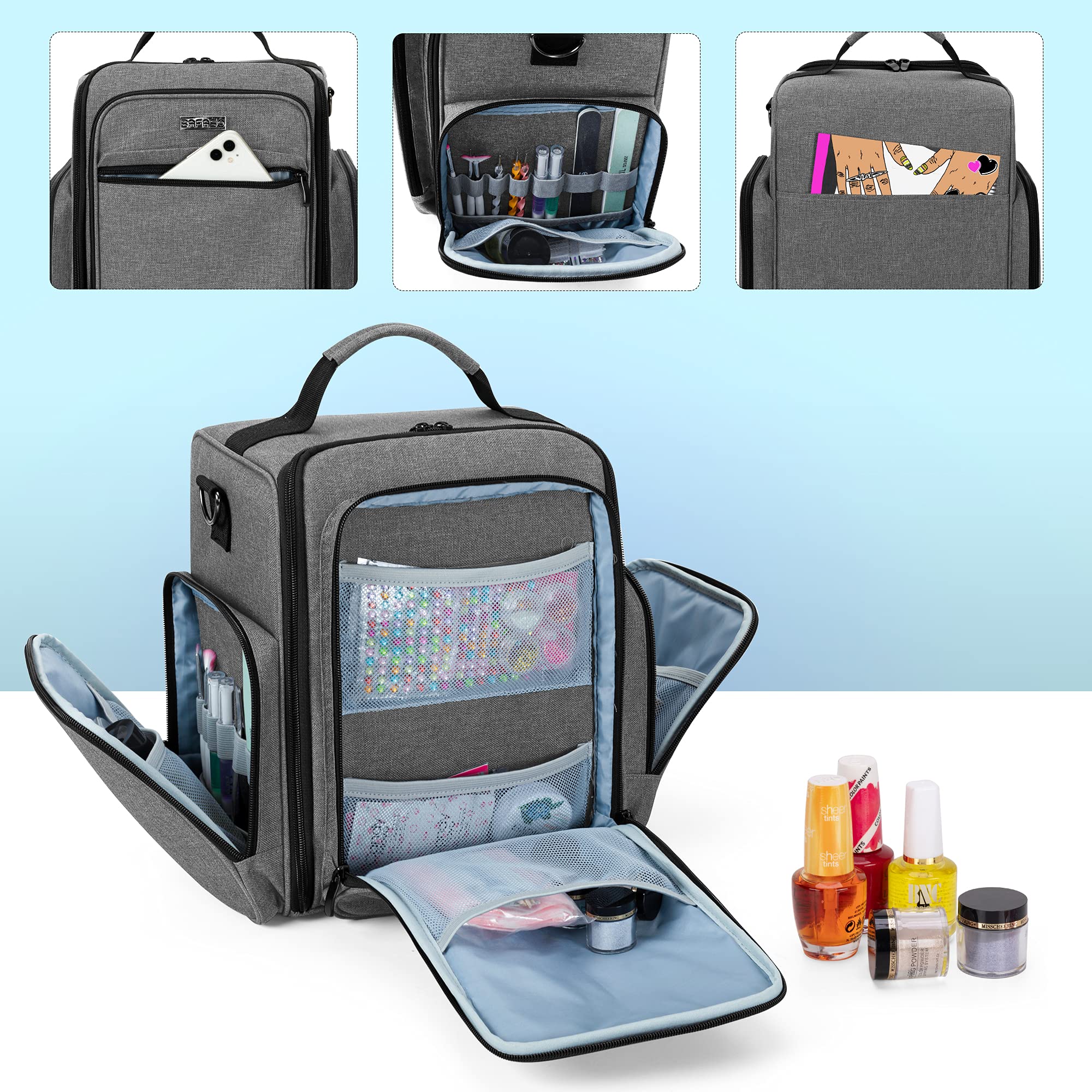 BAFASO 48 Bottle Nail Polish Organizer with Lamp & Pouches - Portable for Salon & Travel