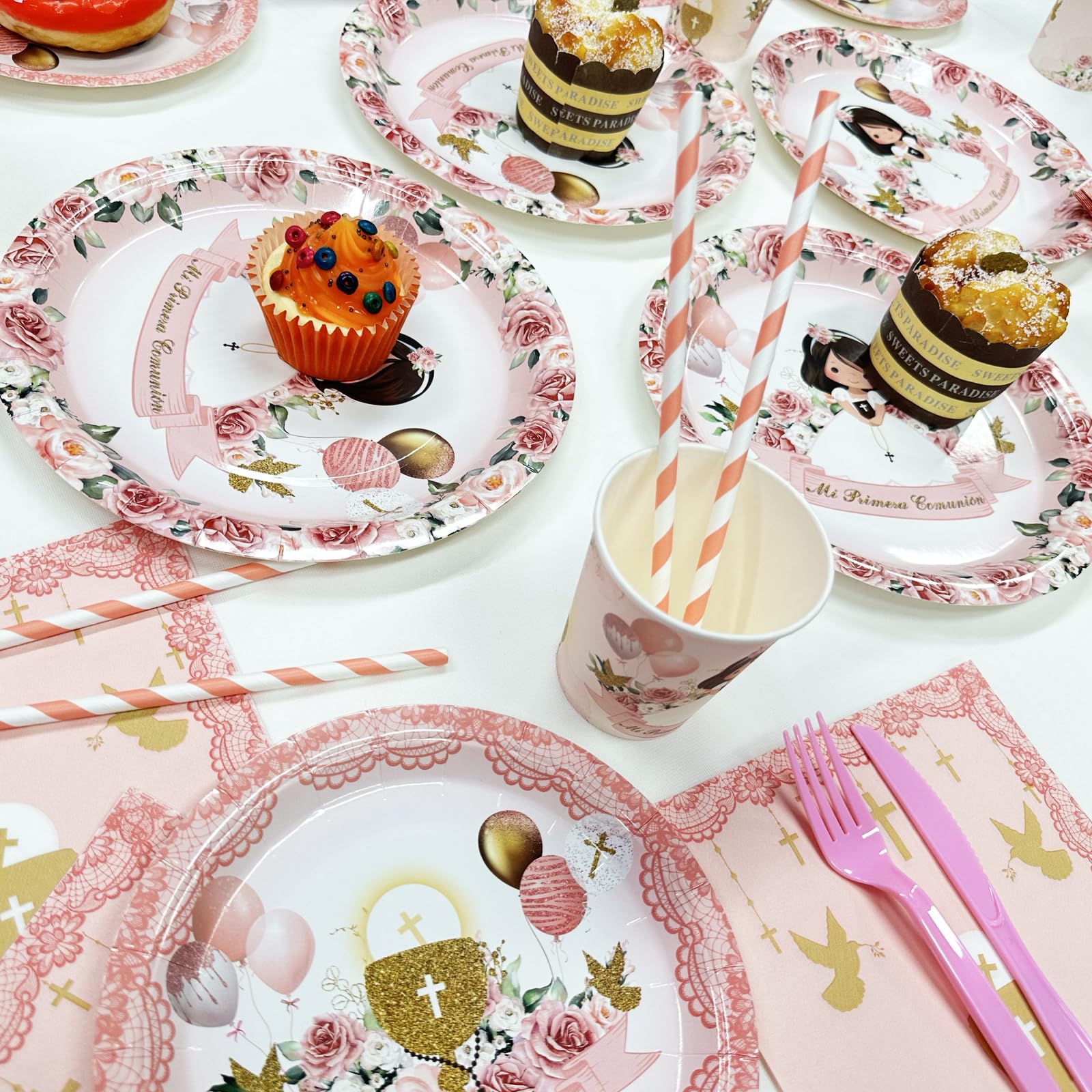 112 Pcs Pink Baptism Plates & Napkins Set - First Communion Party Supplies for Girls, Christening Tableware, Confirmation Decor - Perfect for Mi Primera Comunion, Mi Bautizo Celebrations - Ideal for Church Events, Baby Showers & Religious Ceremonies