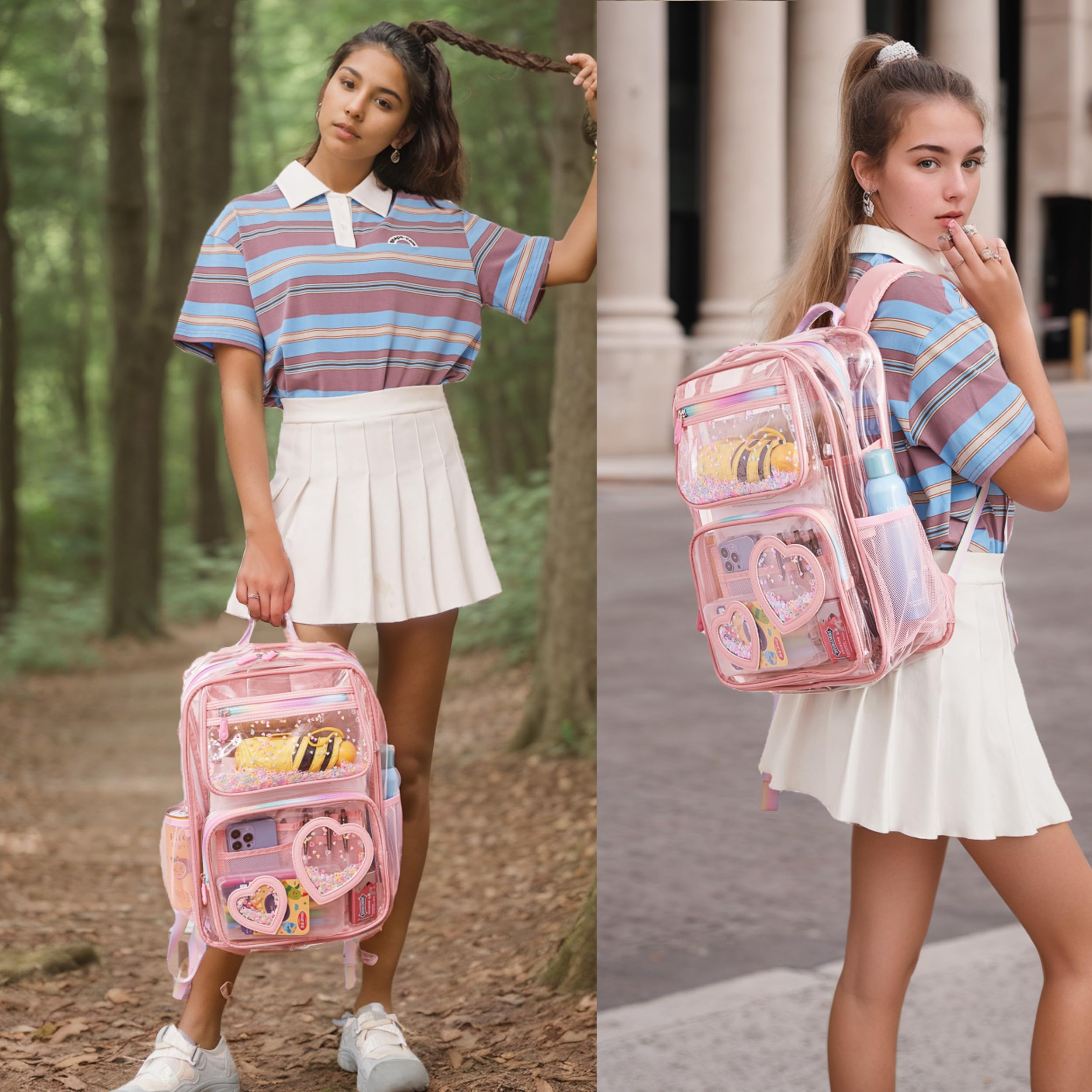 Caoroky Knight Clear Stadium Backpack - Heavy Duty TPU Transparent Bookbag for Women, Girls & Kids - Perfect for School, Travel, Sports Events & Concerts (Pink)