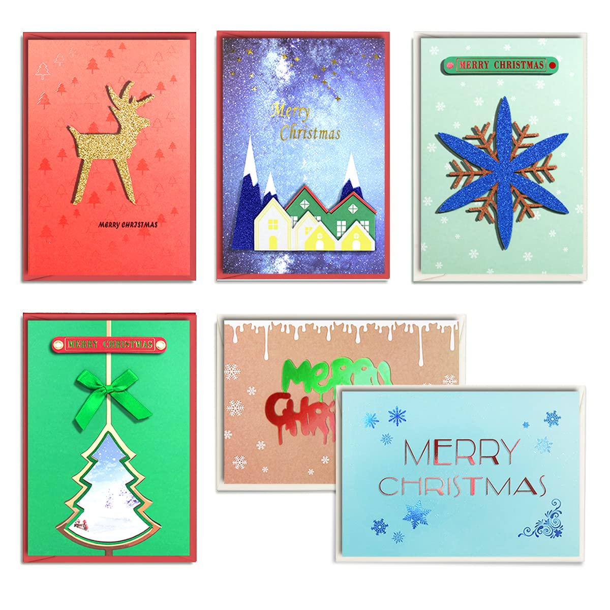 Festive 3D Christmas Greeting Cards Set - 12 Handmade Holiday Cards with Envelopes & Snowflake Stickers (4.5