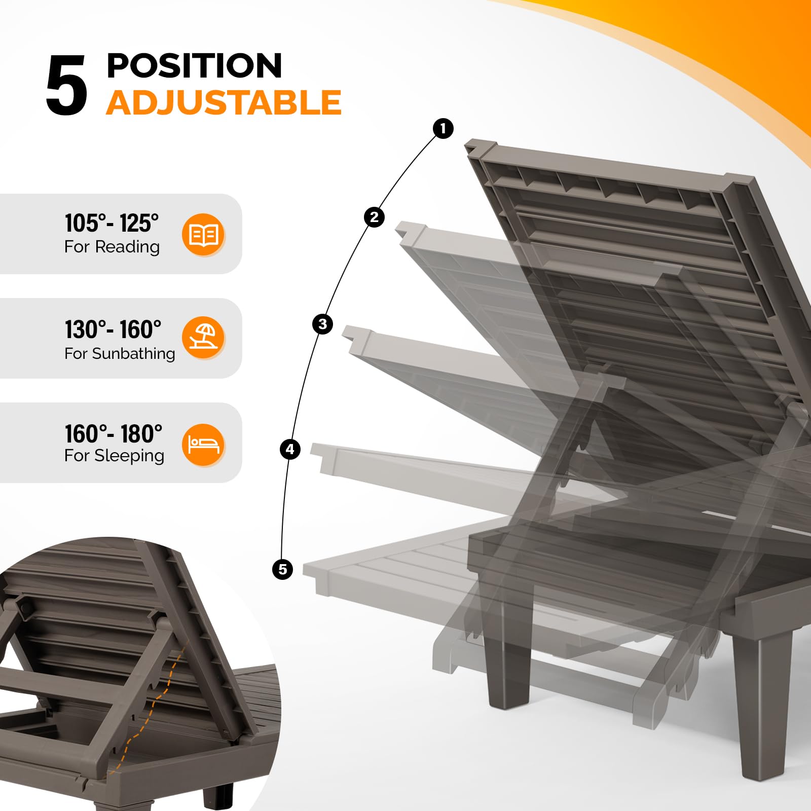 VINGLI Adjustable Waterproof Outdoor Chaise Lounge Chair - Light Taupe Patio Pool Sunbathing Chair with Easy Assembly for Backyard, Beach & Garden Relaxation (1 Pack)