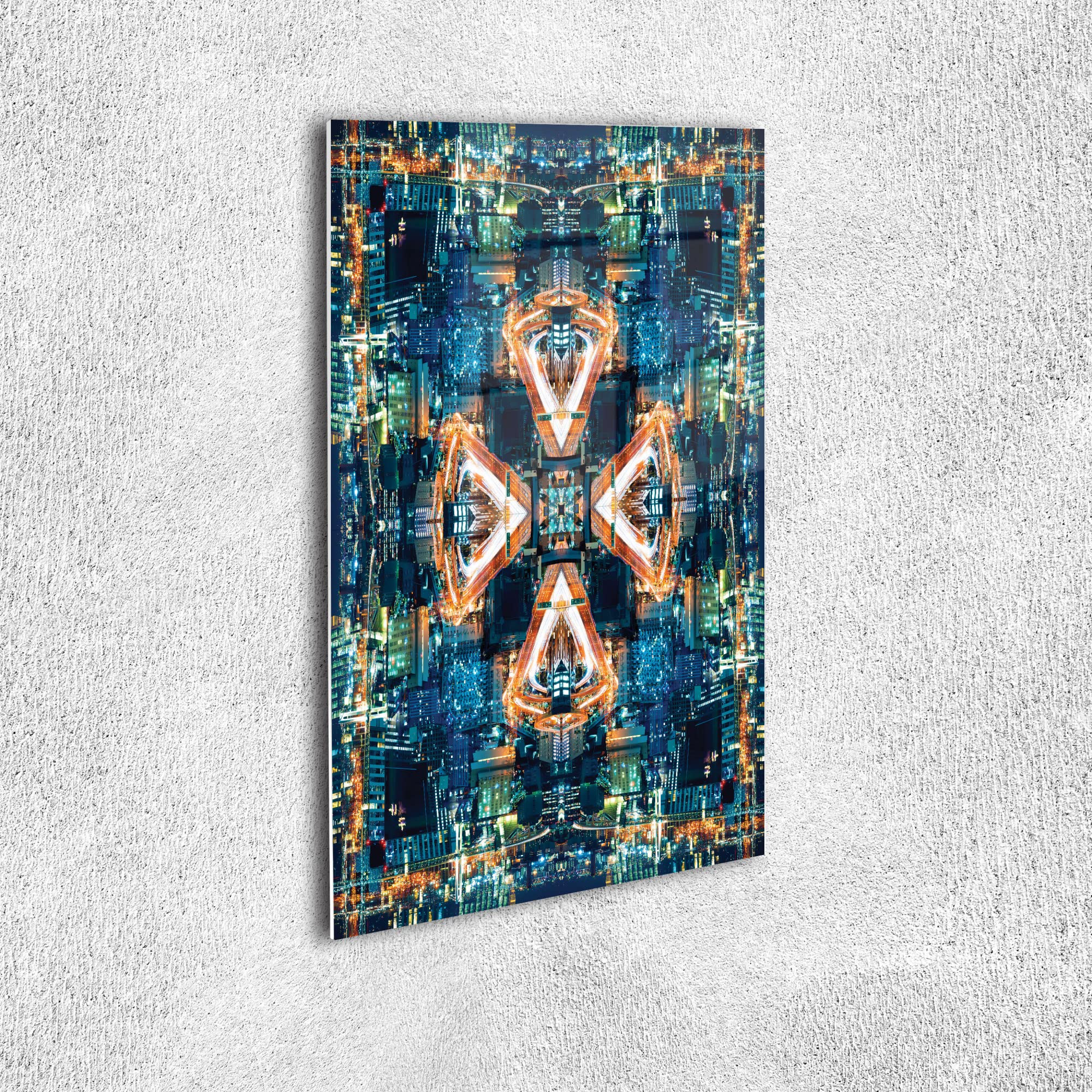 Ambesonne Psychedelic Acrylic Glass Wall Art - Abstract Symmetric Fractal Geometric Artwork with 4-Way Reflections - Modern Home Decor for Living Room, Bedroom & Dorm - 19x26 Inches - Dark Teal Orange Seafoam - Perfect for Boho Decor, Meditation Spaces & Contemporary Interiors