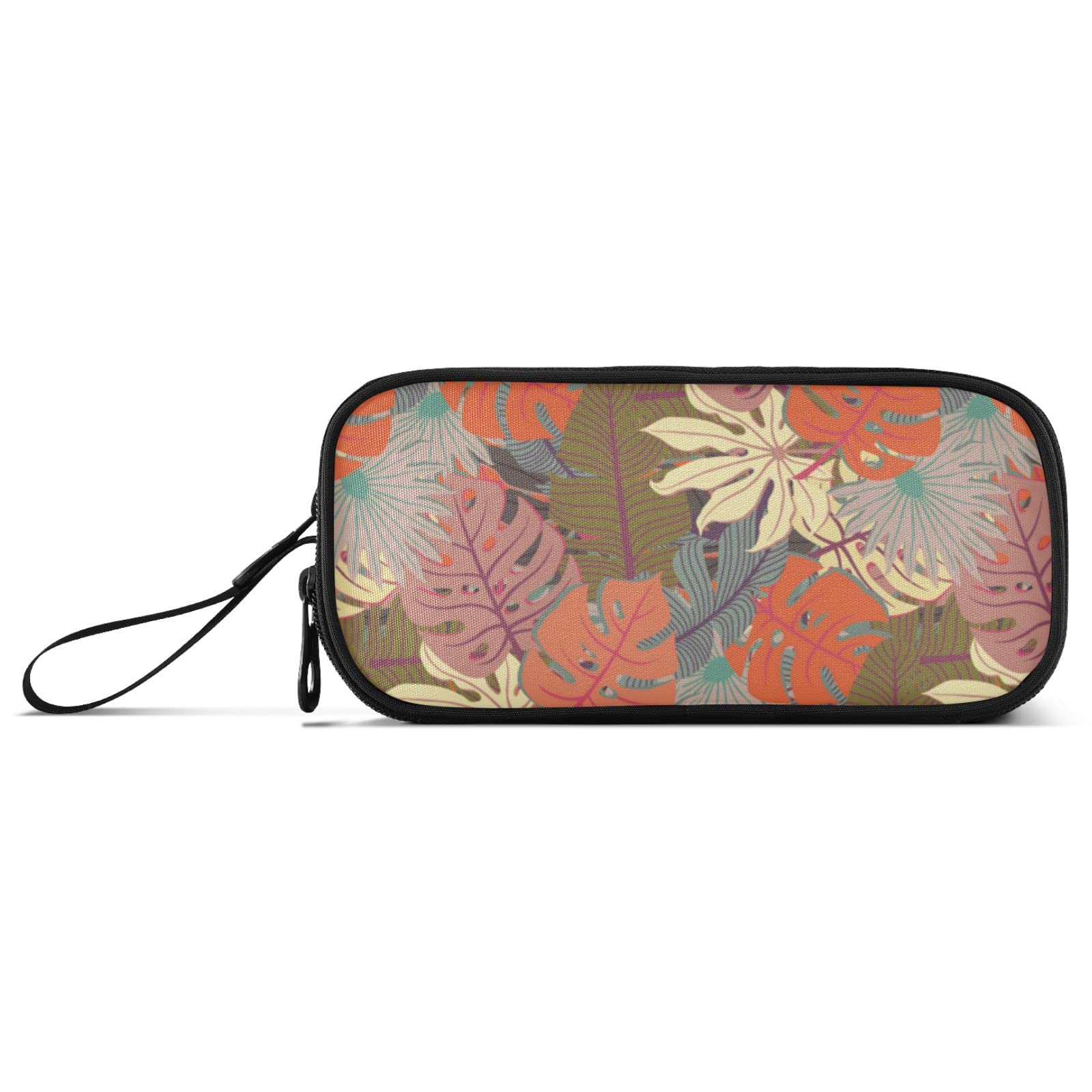 Orange Palm Leaf Large Pencil Case - 3 Compartment Stationery Organizer for School & Office Supplies | Pencil Holder, Big Capacity Pouch for Pens, Markers & Art Tools (Perfect for Students, Artists & Professionals)
