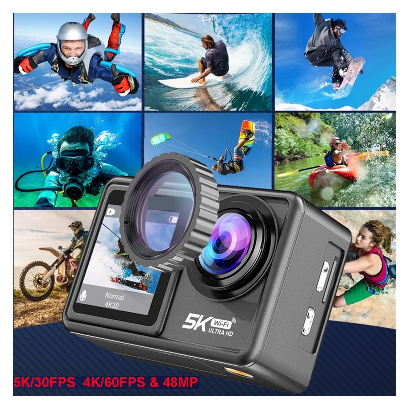 **MZZYG 48MP Dual Screen Action Camera with EIS, 1080P Webcam & Optional Filter Lens - 5K Sports Camera for Vlogging, Diving, Cycling (Includes 6 Lenses)**
