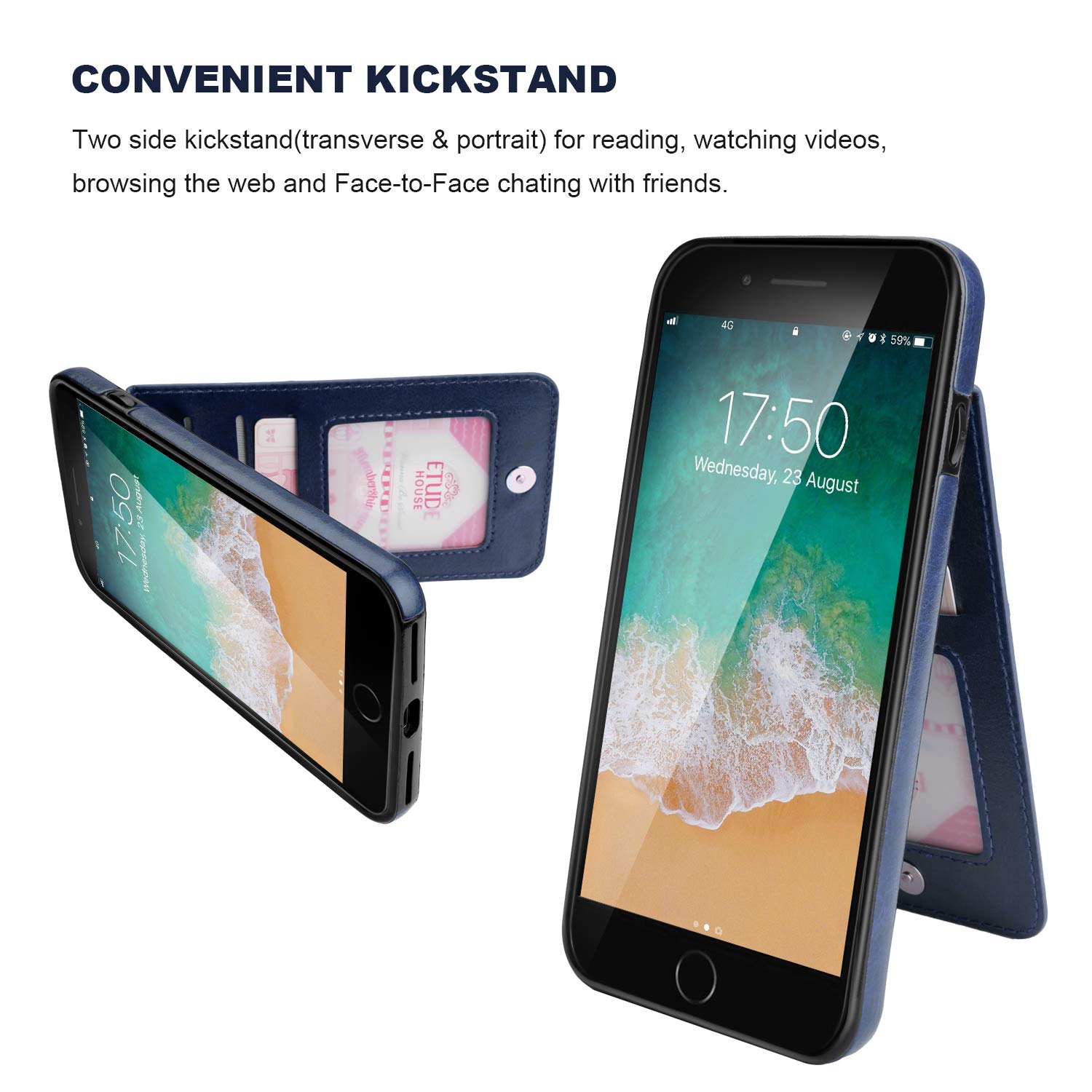 Premium Leather iPhone 7/8/SE 4.7 Inch Case with Credit Card Holder & Magnetic Clasp - Heavy Duty Protective Wallet Cover with Kickstand (Blue) - Perfect for Travel, Business & Everyday Use