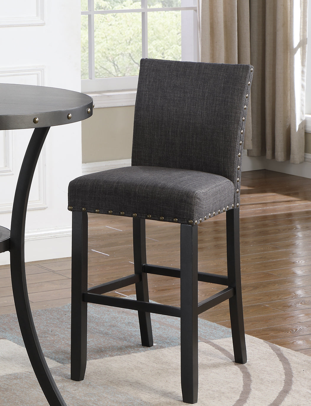 Roundhill Furniture Biony Fabric Bar Stools with Nailhead Trim, Set of 2 - Gray Upholstered Counter Height Stools for Kitchen Island, Breakfast Bar & Home Decor