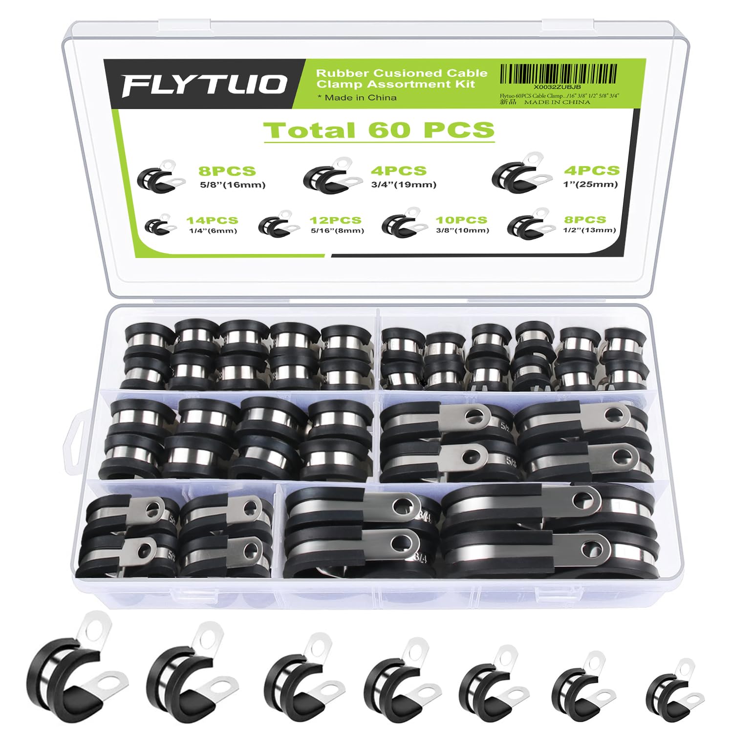 Flytuo 60PCS Stainless Steel Cable Clamps Kit - 7 Sizes (1/4