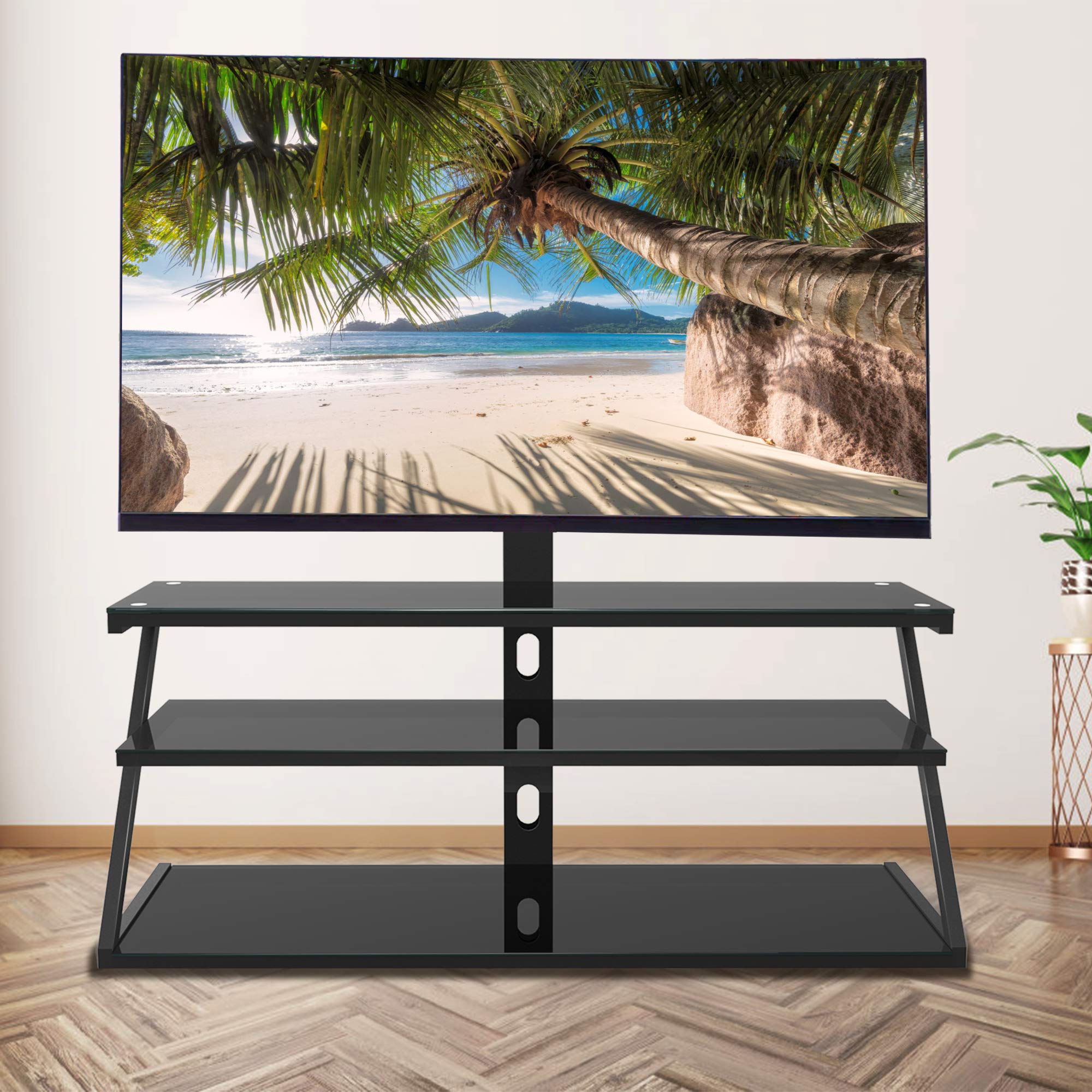 Universal TV Stand for 32-65 Inch TVs - Adjustable Height & Angle Tempered Glass TV Stand with 3-Tier Metal Frame - Perfect for Living Room, Bedroom & Home Theater Setup