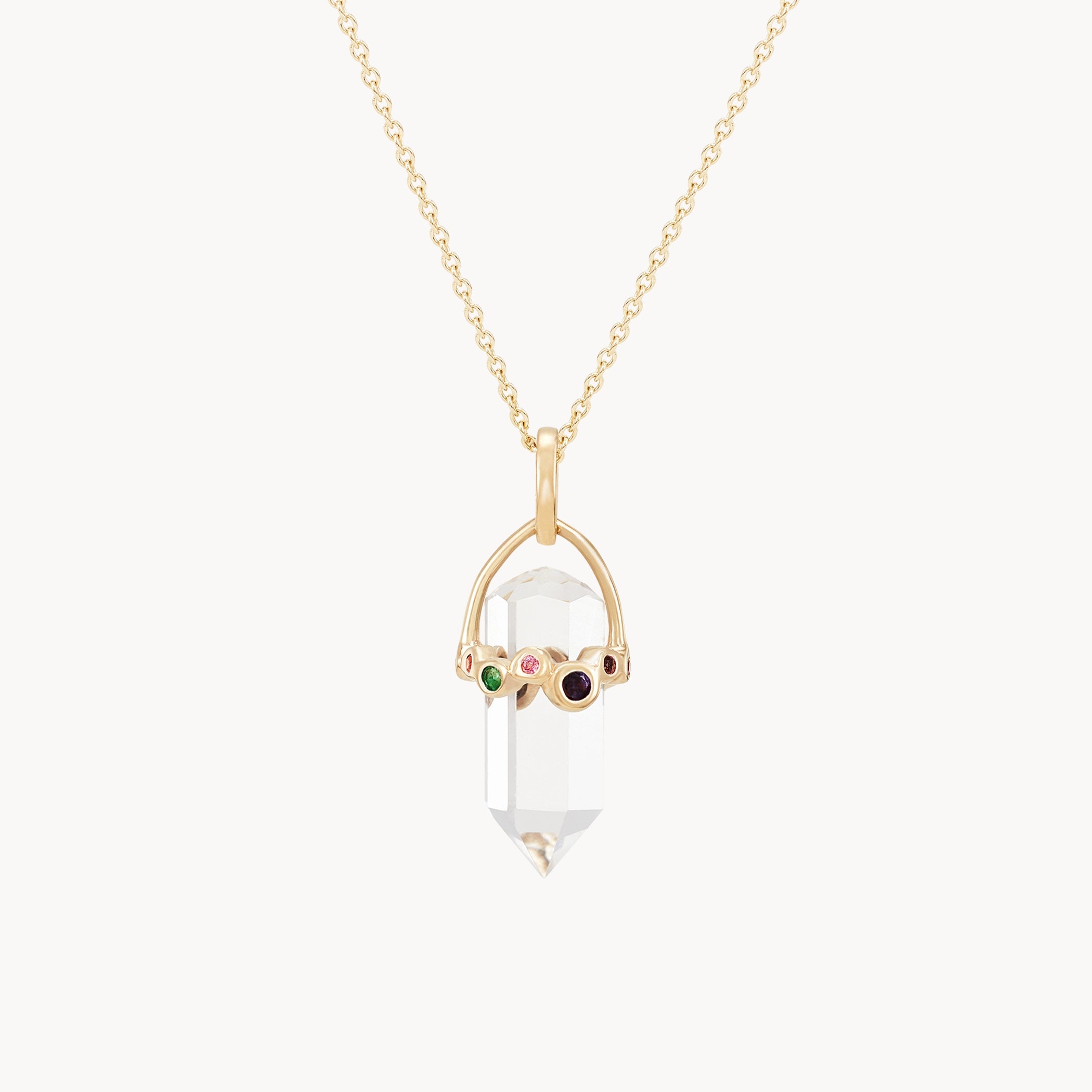 10K Yellow Gold Vibrant Journey Quartz Amulet with Sapphires - Elegant Clear Quartz & Sapphire Pendant for Spiritual Healing, Meditation & Positive Energy Jewelry Gift