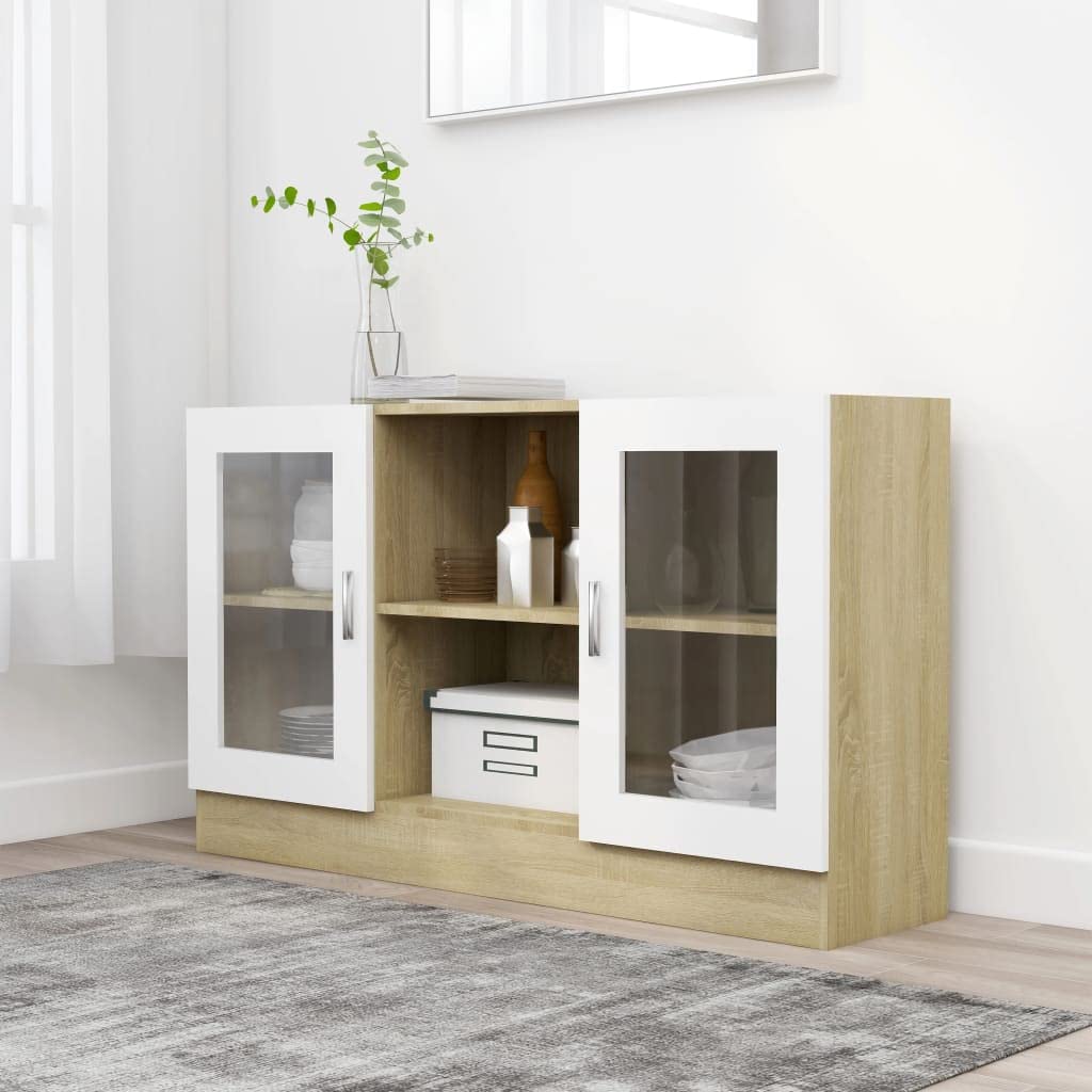 DiMorture Buffet Cabinet Sideboard - White & Brown Kitchen Storage Cabinet with Open Shelves & 2 Glass Doors, Dining Room Buffet Server for Living Room & Kitchen Organization | Perfect for Entertaining Guests & Home Decor