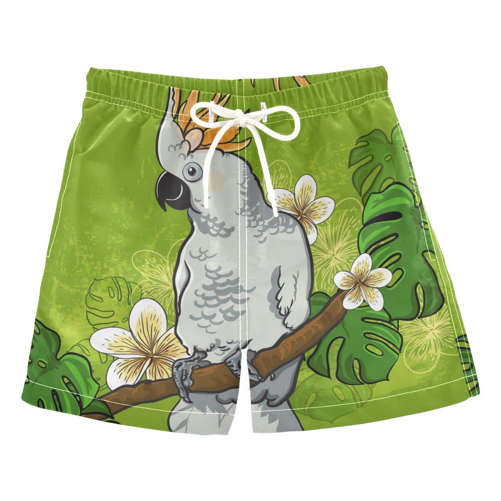 Boys' Cockatoo Parrot Swim Trunks - Tropical Flower Print Board Shorts for Beach, Surf & Swimming | Hawaii Vacation Essentials for Kids