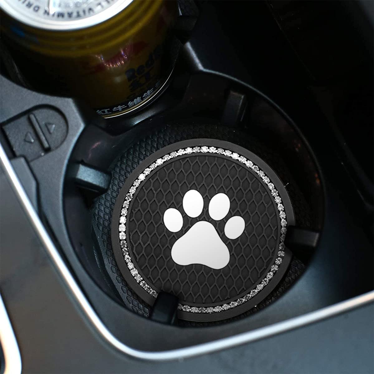 2PCS Universal Bling Car Cup Coaster Set - Rhinestone Car Accessories with 2.75 Inch Dog Paw Design - Non-Slip Cup Holder Insert Mat Pad for Most Vehicles (Black/White) - Perfect for Coffee, Drinks & Car Interior Protection